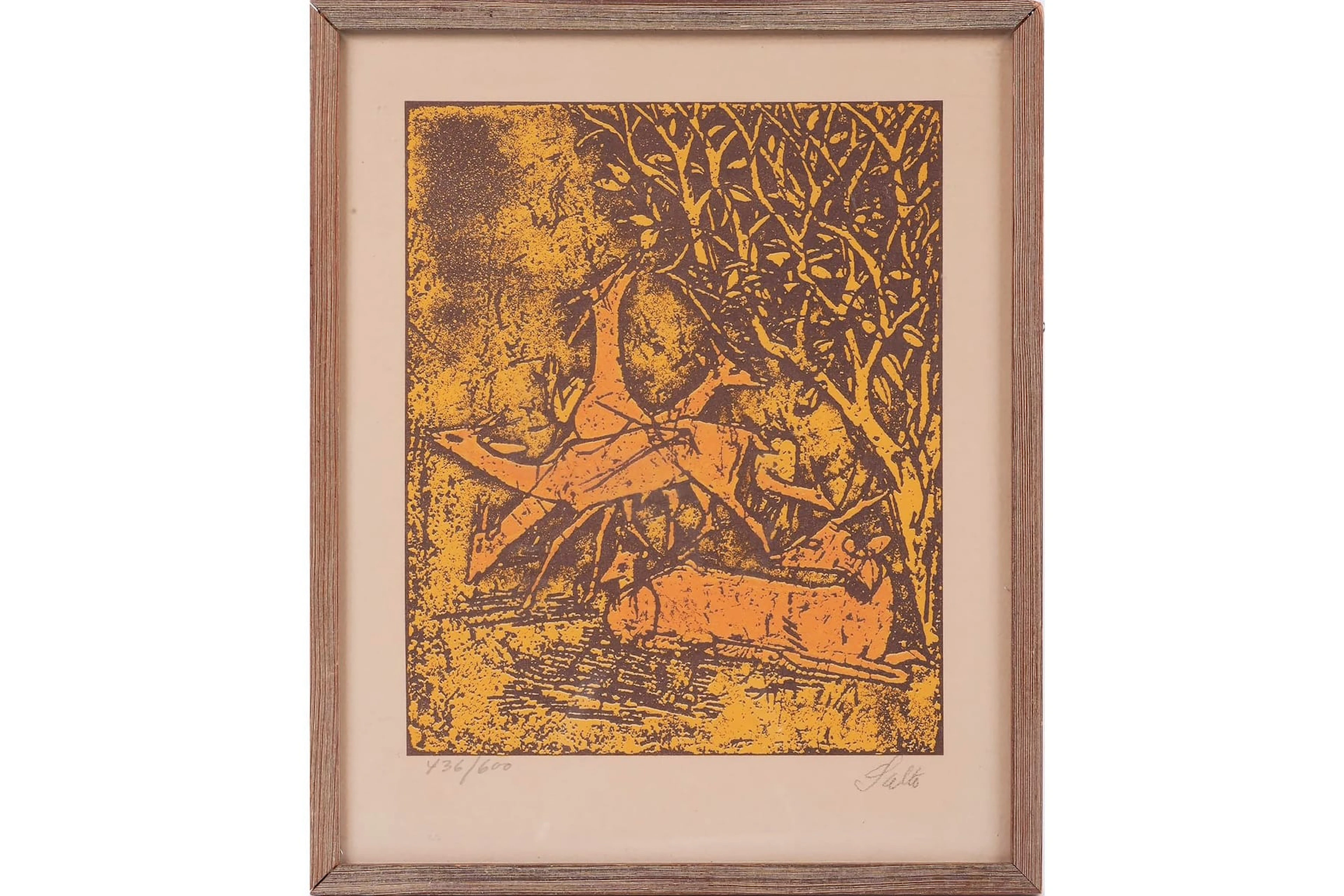 AXEL SALTO (Danmark, 1889-1961), träsnitt, "Hjorte i skov"