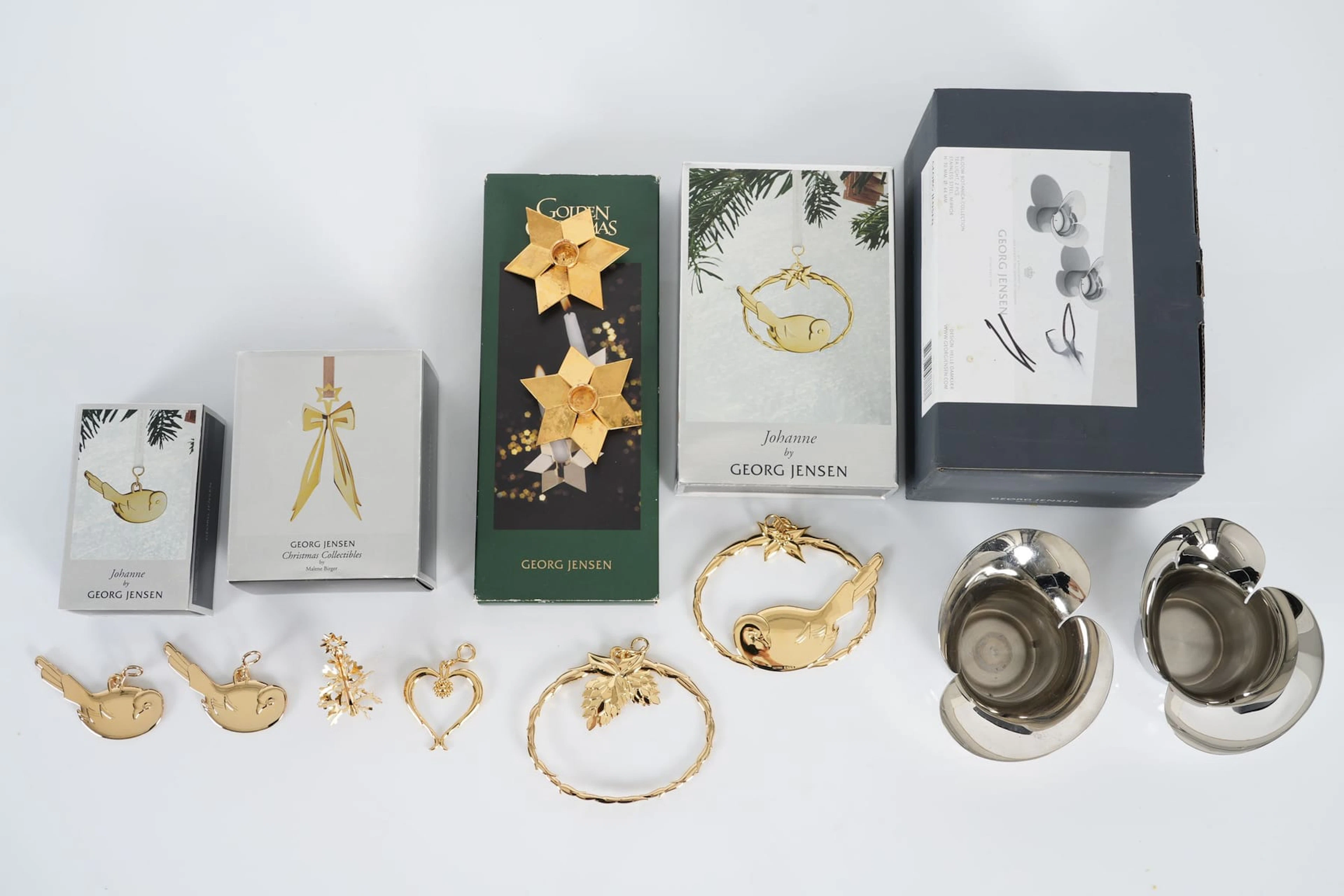 JULDEKORATIONER, 6 st, samt LJUSSTAKAR, två par, Georg Jensen, Danmark