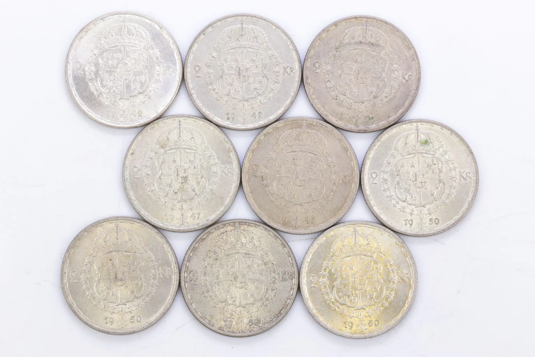 MYNT, 9 st, silver, två kronor, Gustaf V, 400/1000, 1942-1950