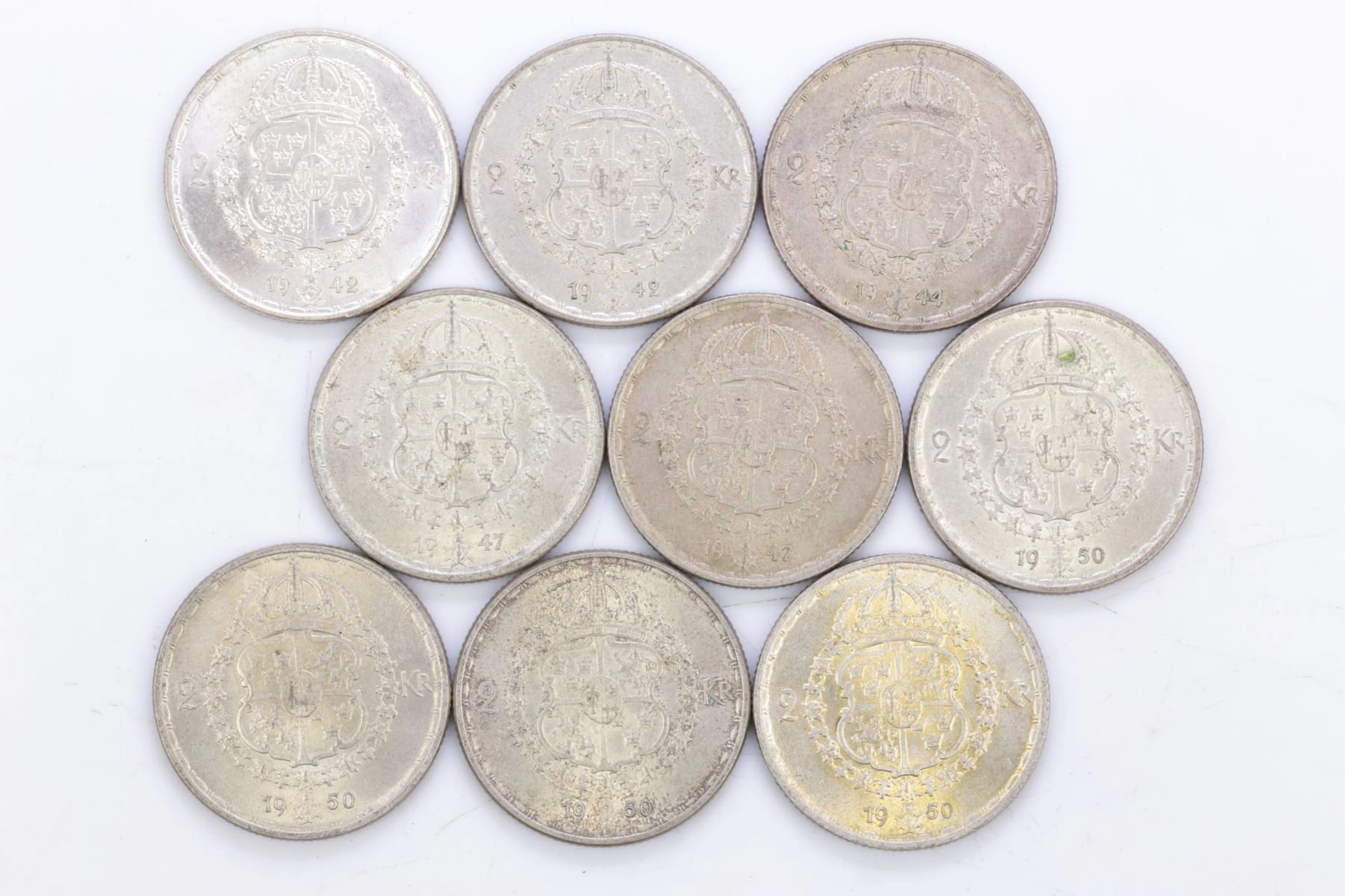 MYNT, 9 st, silver, två kronor, Gustaf V, 400/1000, 1942-1950