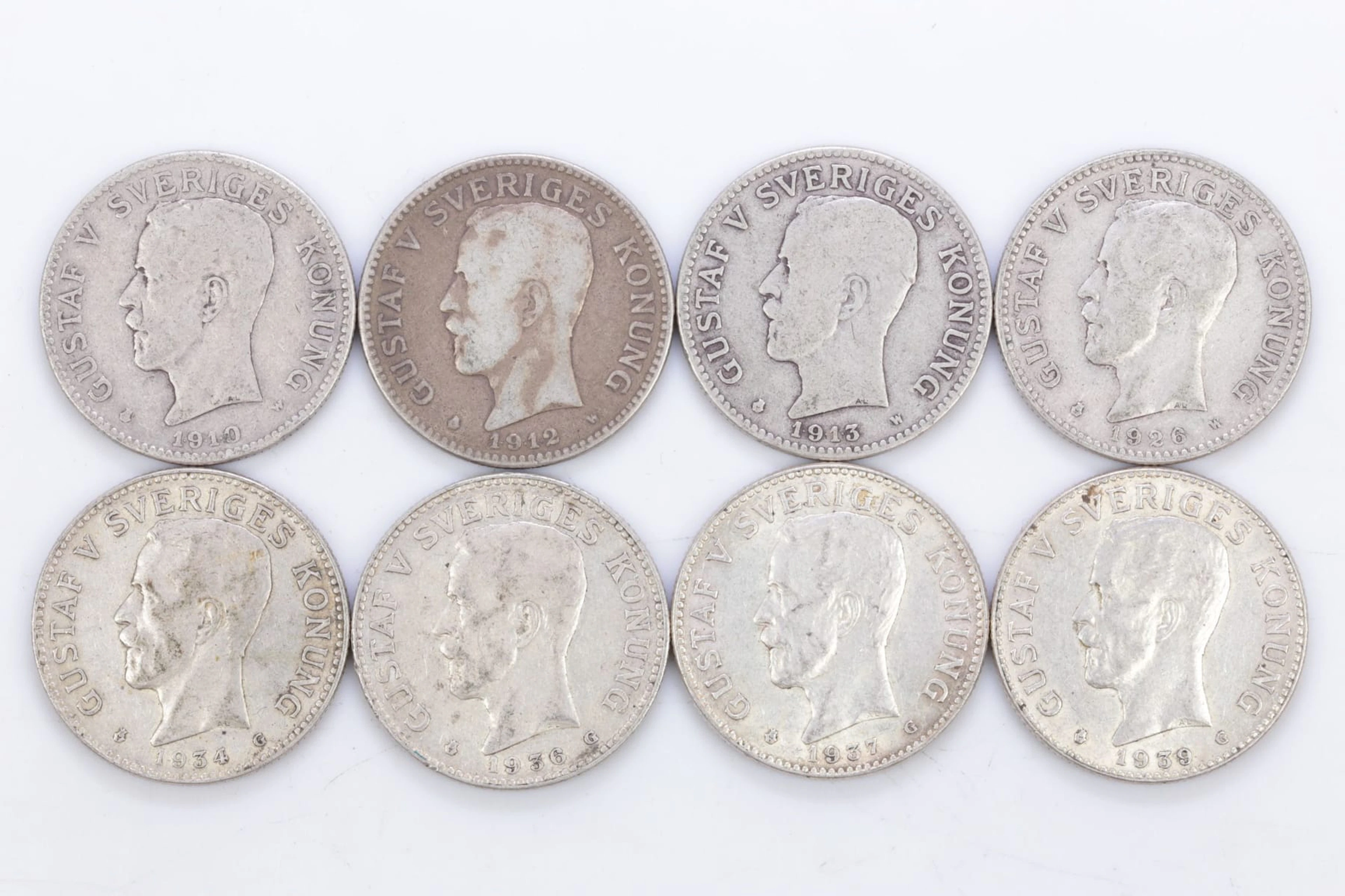 MYNT, 8 st, silver, två kronor, Gustaf V, 800/1000, 1910-1939