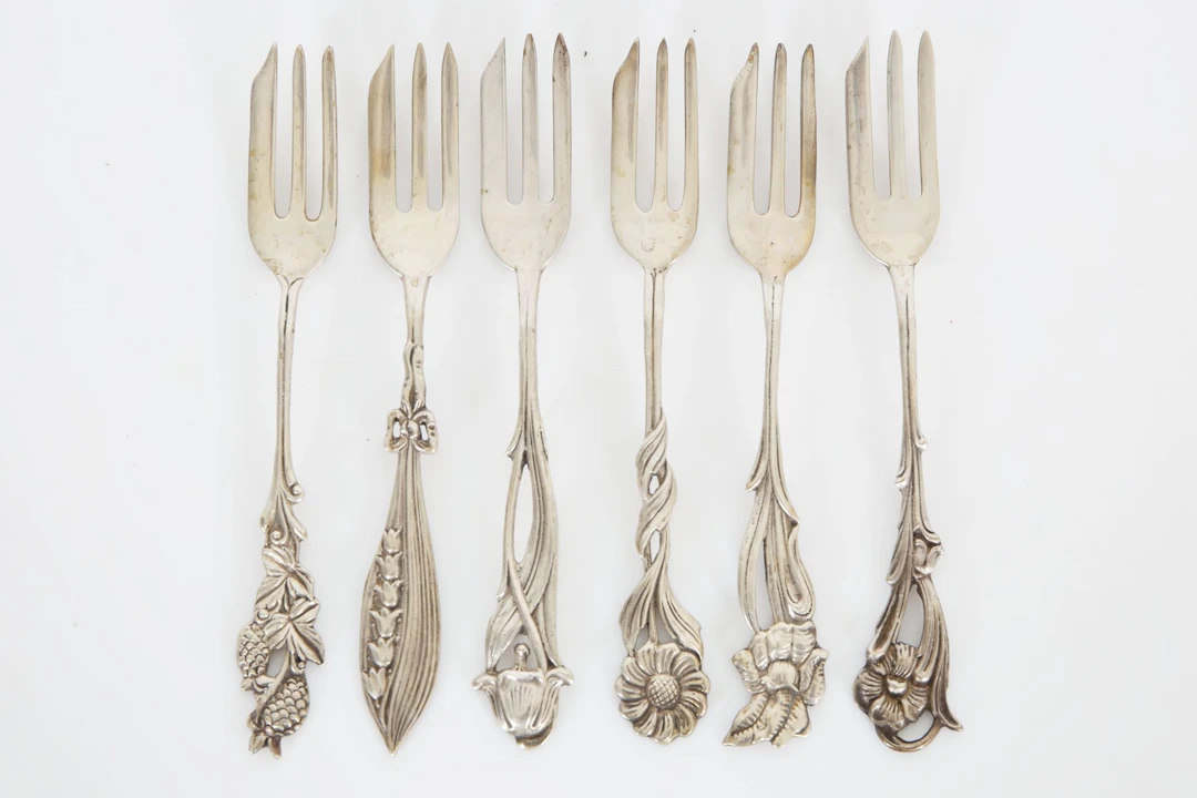 BAKELSEGAFFLAR, 6 st, silver, "Svenska floran", Gewe, Malmö, 1955-1965