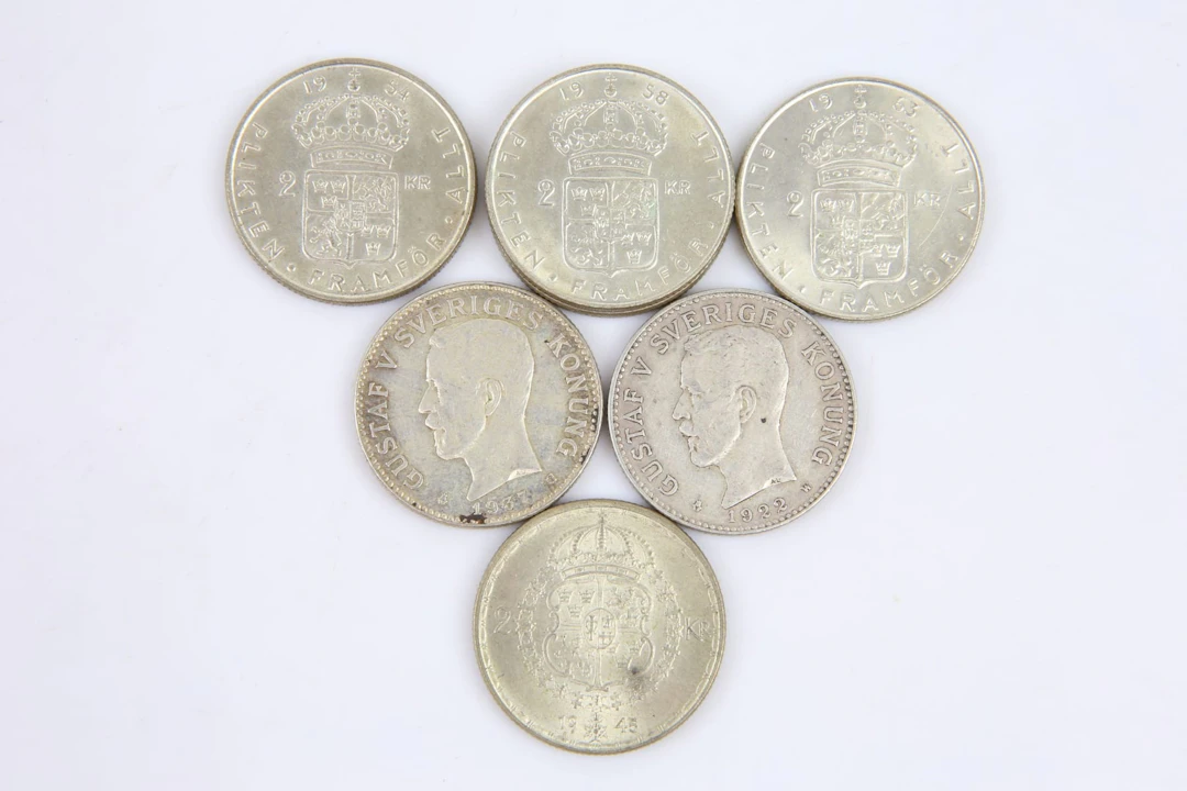 MYNT, 7 st, silver, två kronor, Sverige, 1922-1963