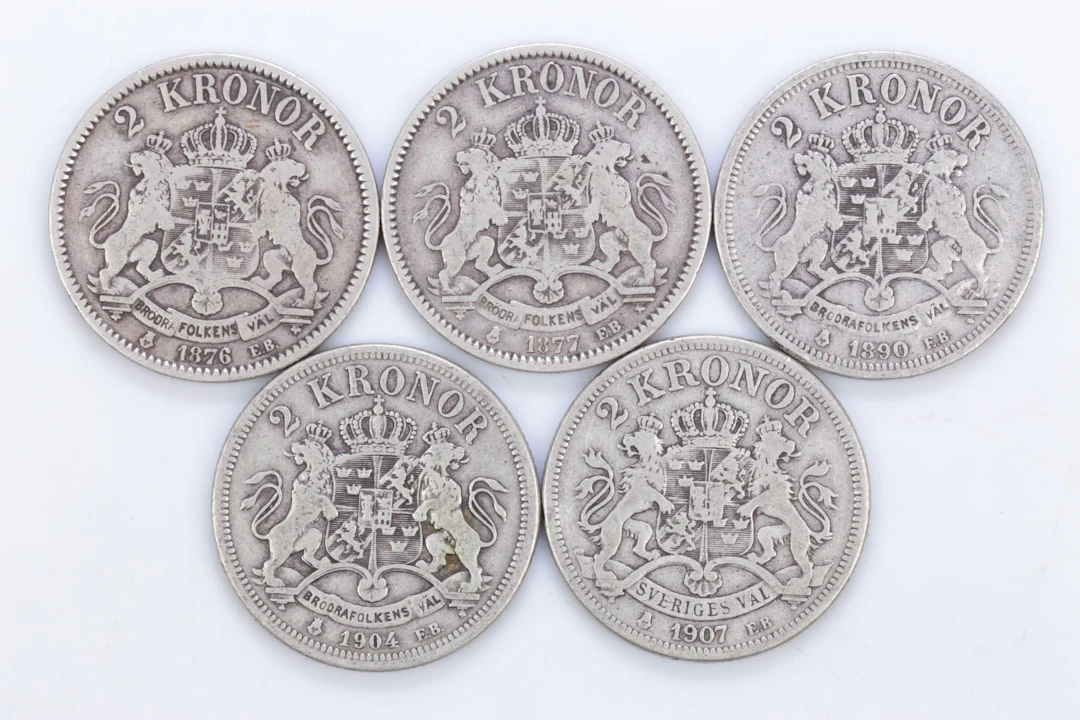 MYNT, 5 st, silver, två kronor, Oscar II, 800/1000, 1876-1907