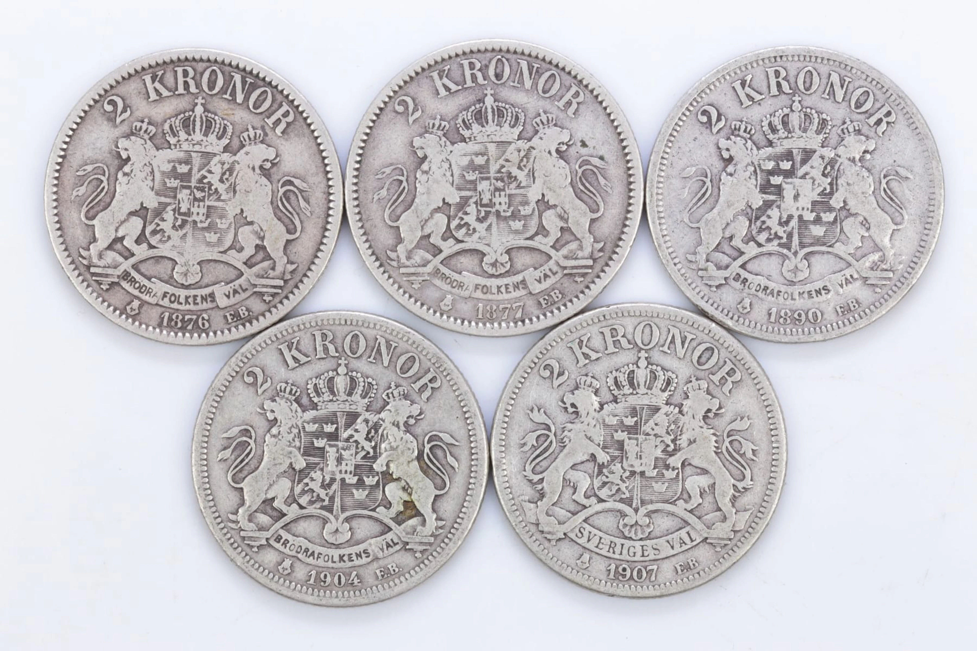 MYNT, 5 st, silver, två kronor, Oscar II, 800/1000, 1876-1907