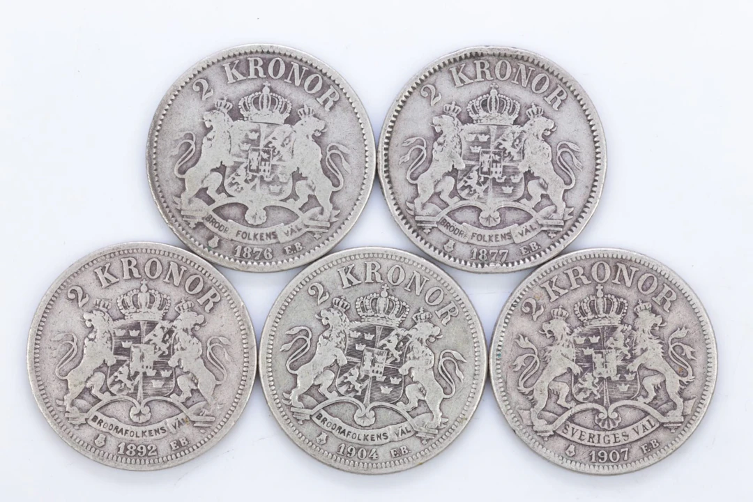 MYNT, 5 st, silver, två kronor, Oscar II, 800/1000, 1876-1907