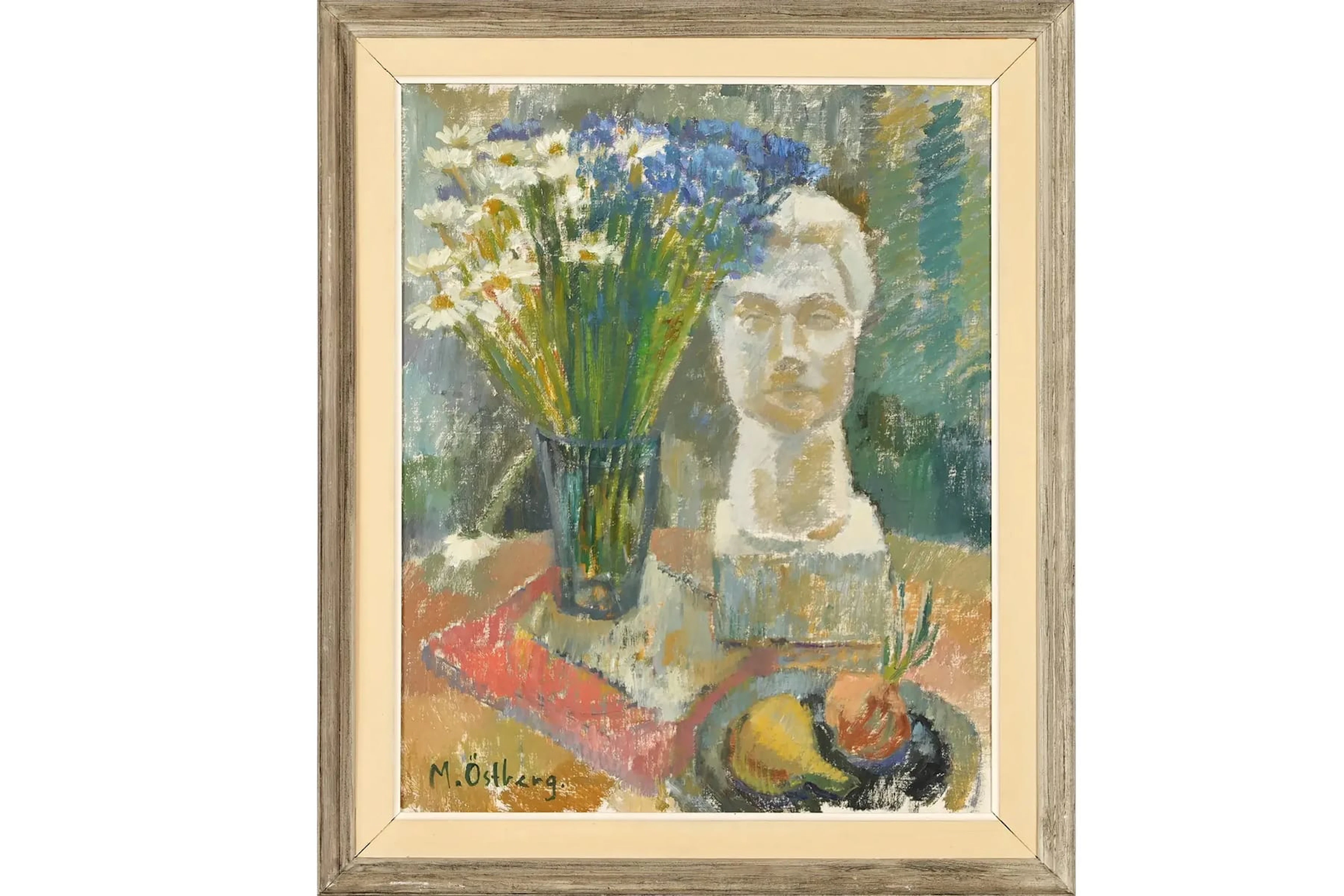 MAY ÖSTBERG (1907- 1966), olja på duk, "Blommor & Skulptur", 1948