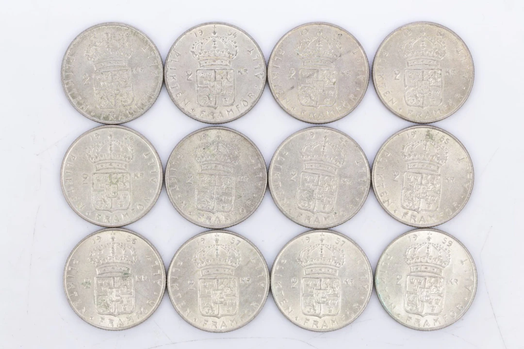 MYNT, 12 st, silver, två kronor, Gustaf VI Adolf, 400/1000, 1950-1959