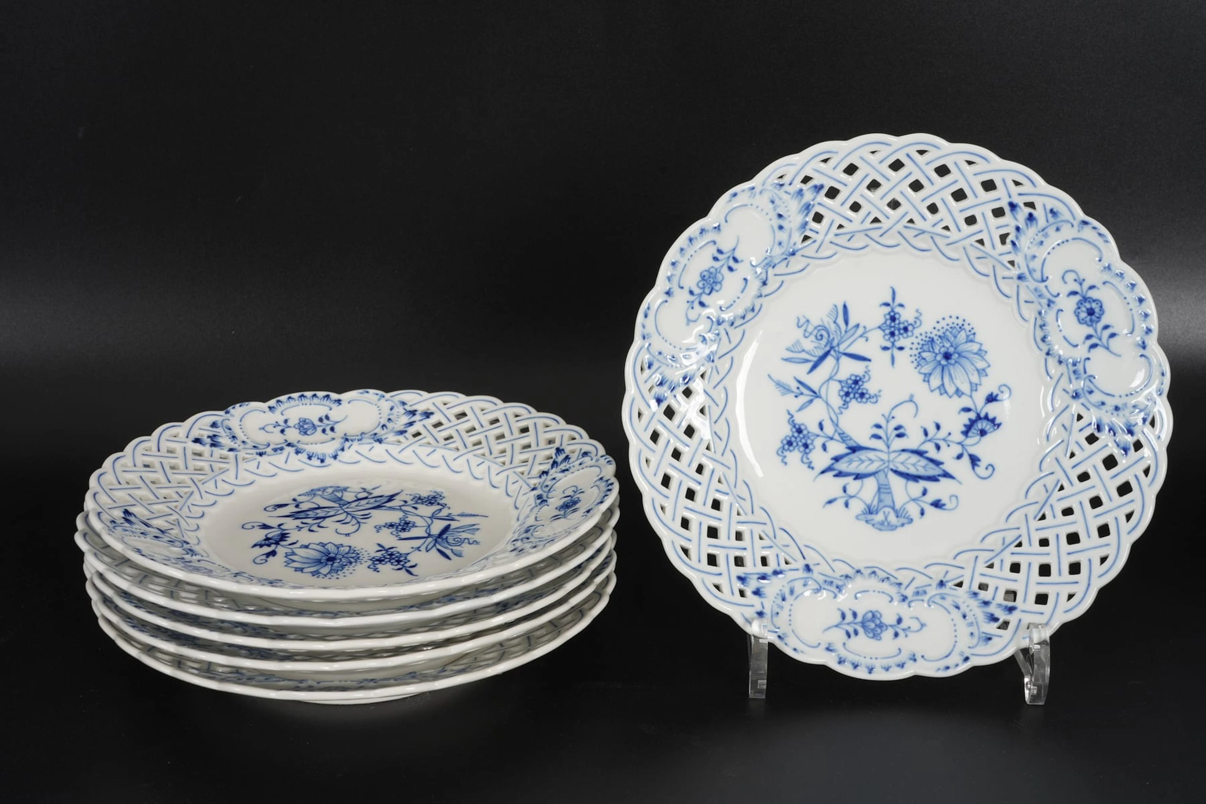 FAT, 6 st, genombruten dekor, Lökmönstret, Meissen, Tyskland