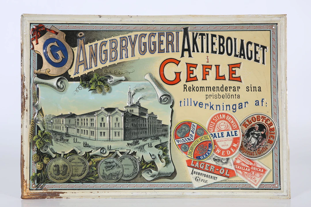 PLÅTSKYLT, litograferad plåt, Ångbryggeri Aktiebolaget i Gefle
