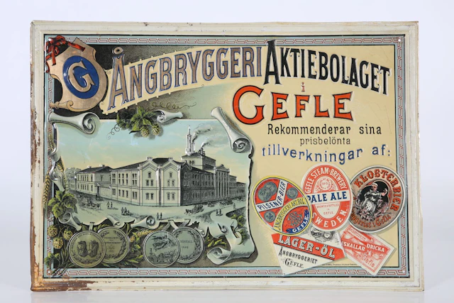 PLÅTSKYLT, litograferad plåt, Ångbryggeri Aktiebolaget i Gefle
