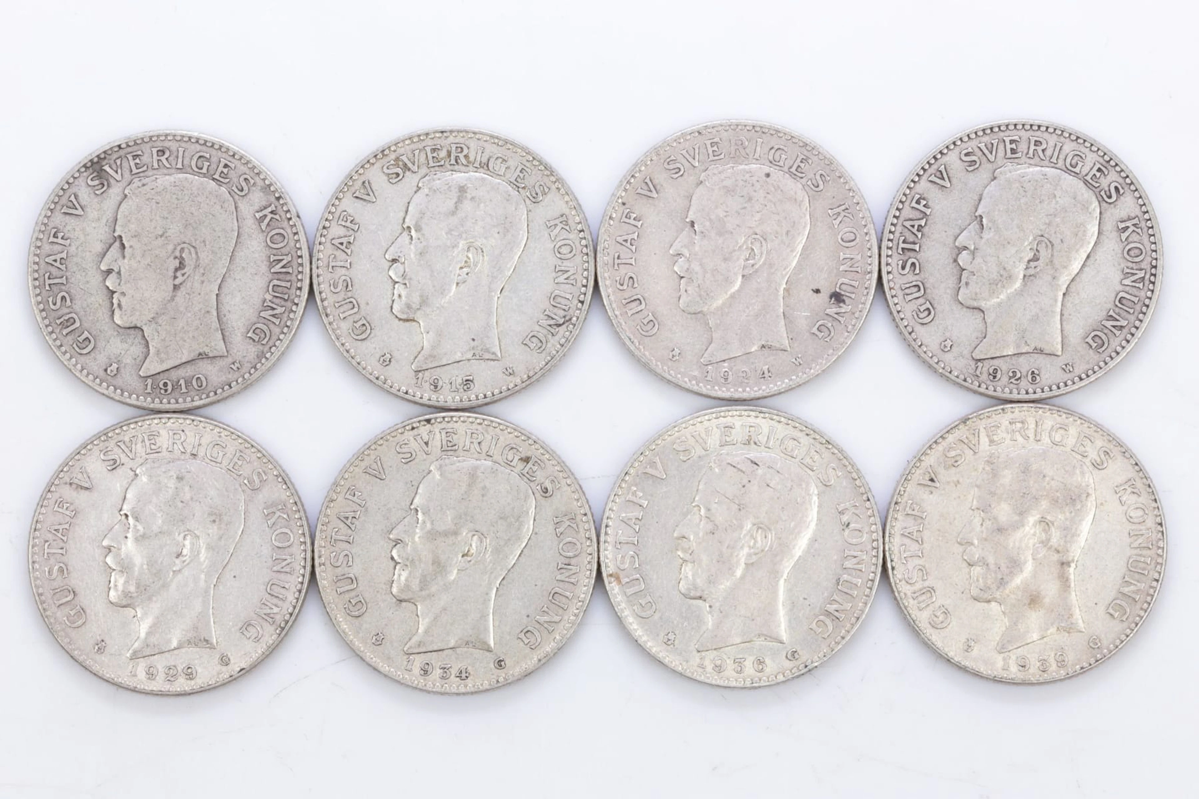 MYNT, 8 st, silver, två kronor, Gustaf V, 800/1000, 1910-1939