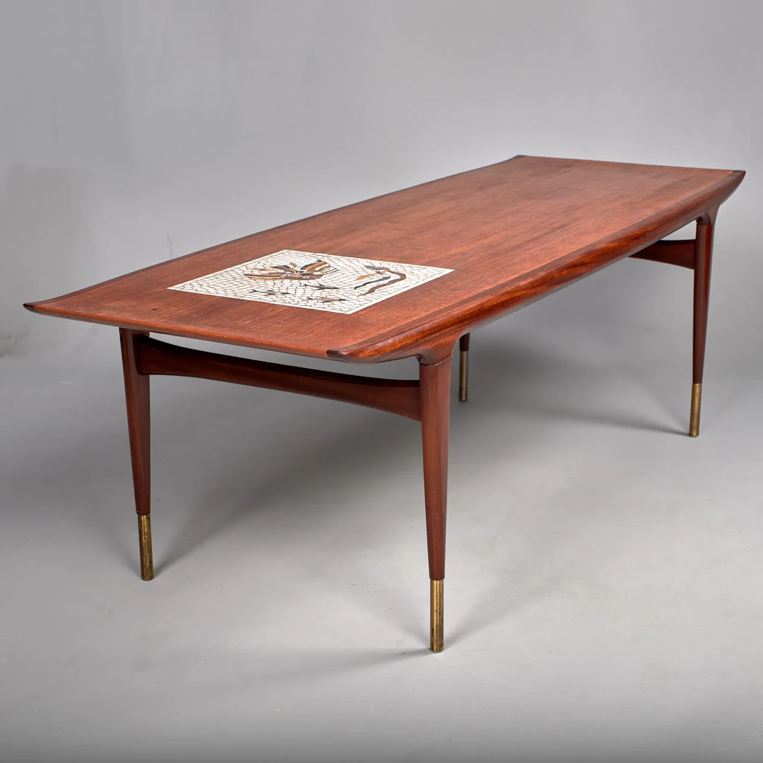 JORGEN CLAUSEN. Soffbord. Teak. Kakelmosaik med fisk. 1950-tal.