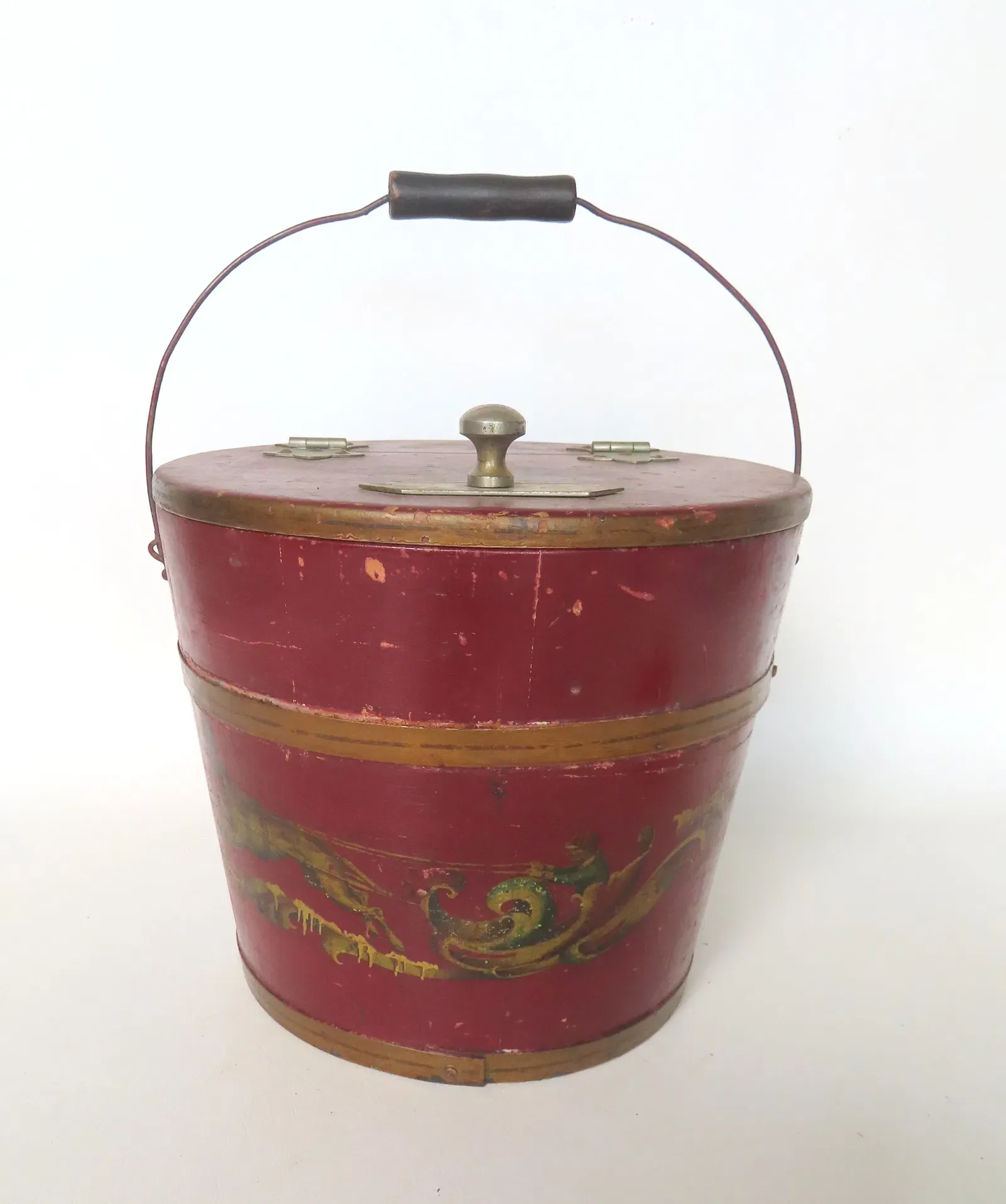 A country staved bucket with hinged lid and 2 tin straps, circa late ...