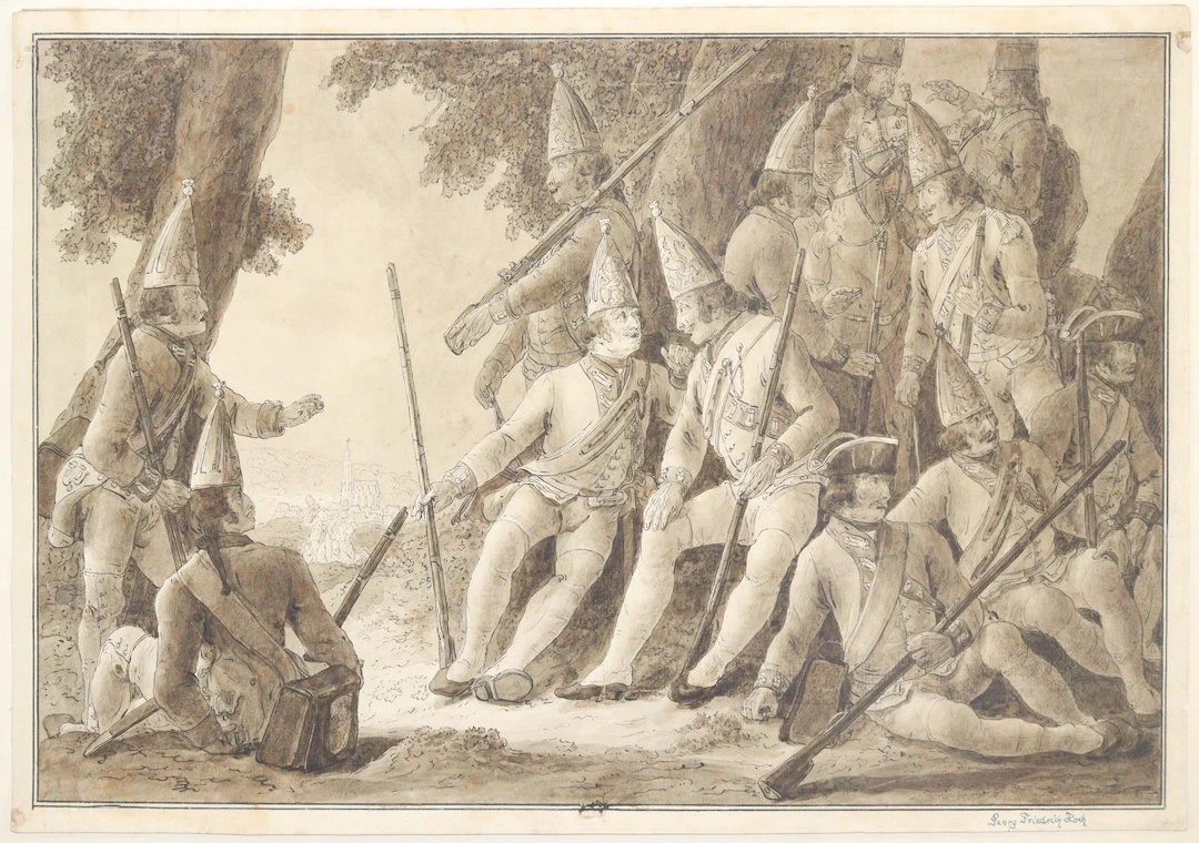 Hoch, Georg Friedrich (1751 - 1812) zugeschr. Rastende Soldaten. Lavierte