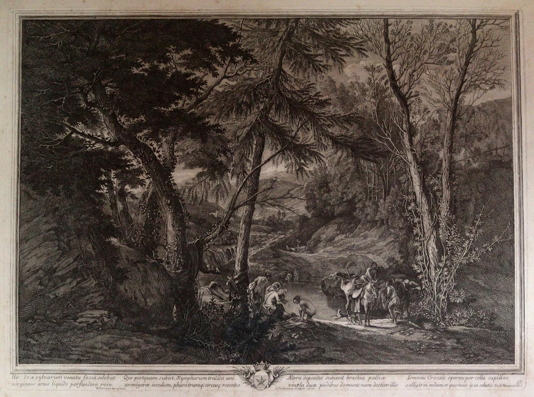 Colemans, Jacobus (1654-1732). Badende Waldnymphen. Kupferstich auf Bütten