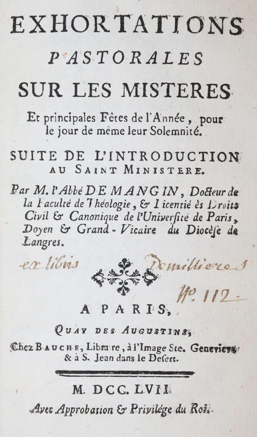 Mangin,A.de. Exhortations pastorales sur les misteres et principales