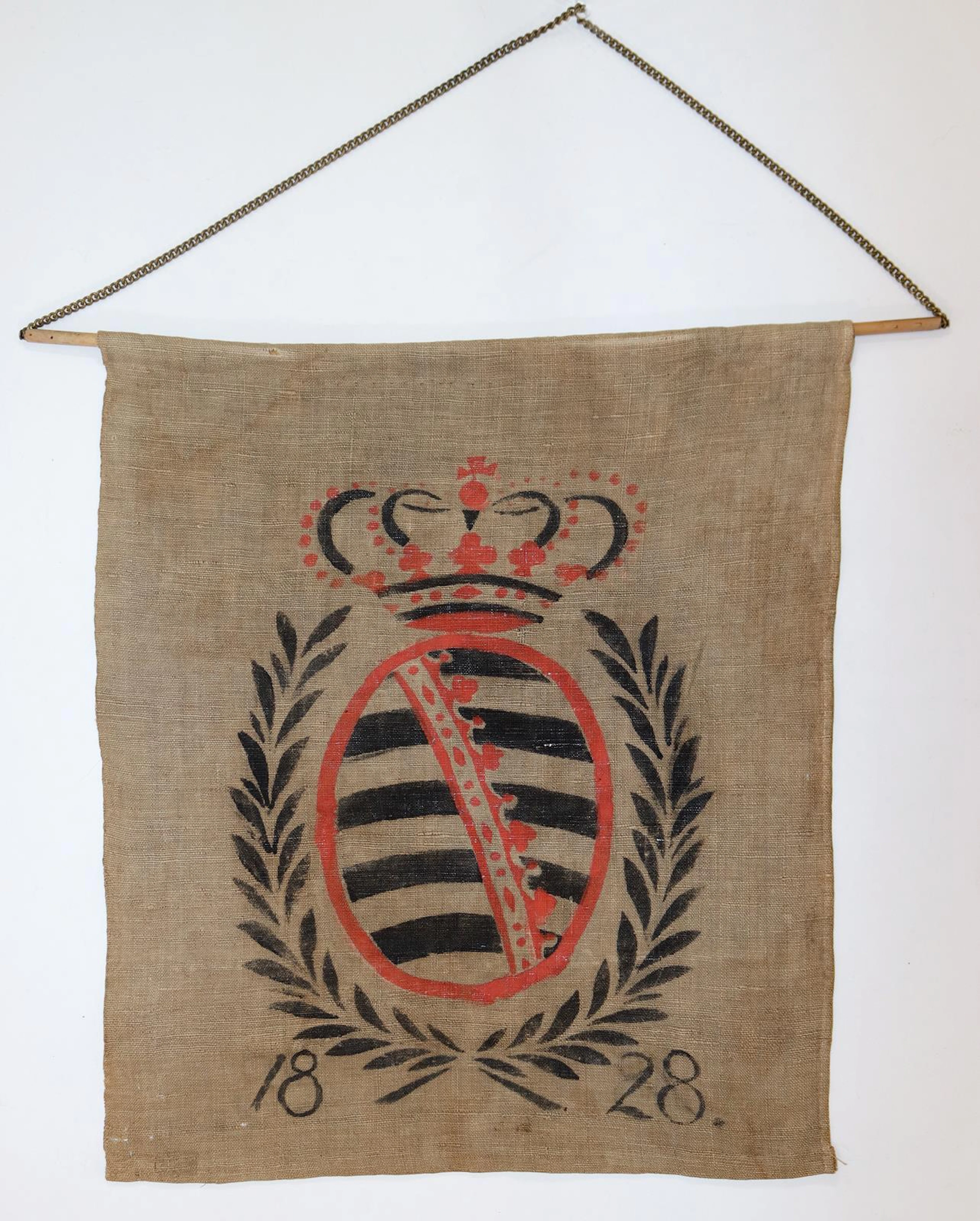 Jagdwappen. Gekröntes sächsisches Wappen mit Lorbeerkranz über Datierung