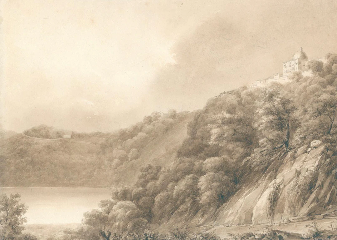 Castel Gandolfo. Anonymes Grisaille-Aquarell des 19. Jh. mit Blick