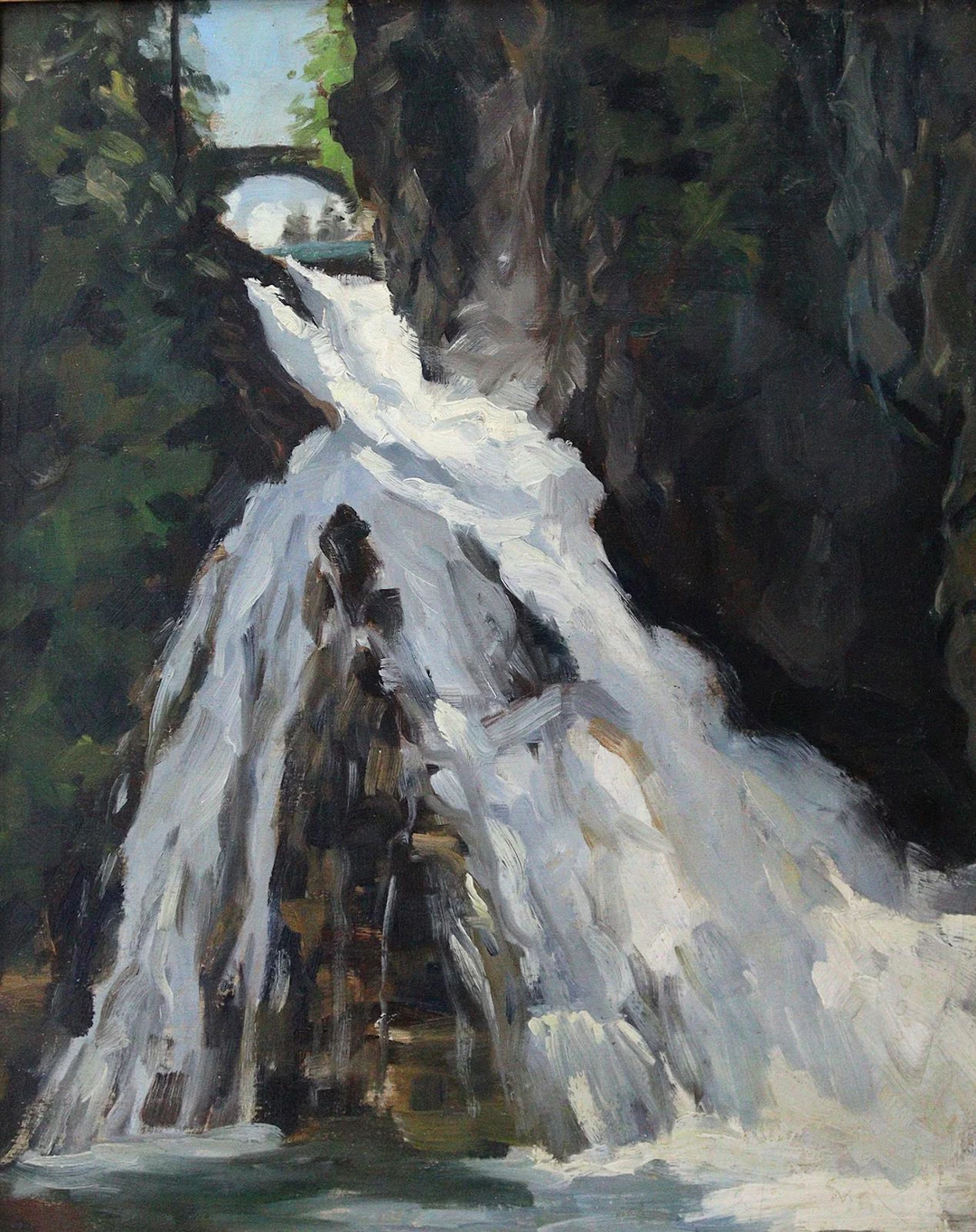 Piet, Fernand (1869 Paris 1942). Wasserfall und Brücke. Öl / Leinwand