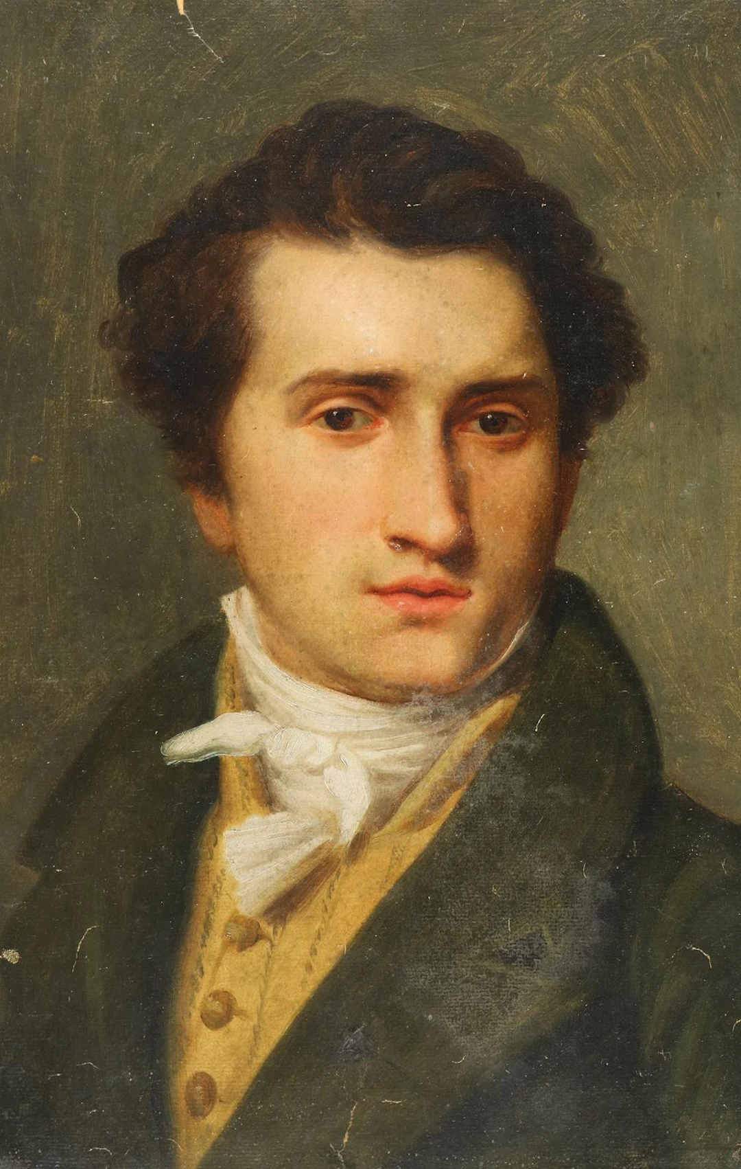 Portrait eines jungen Herren in grünem Gehrock und gelber Weste. Frühes
