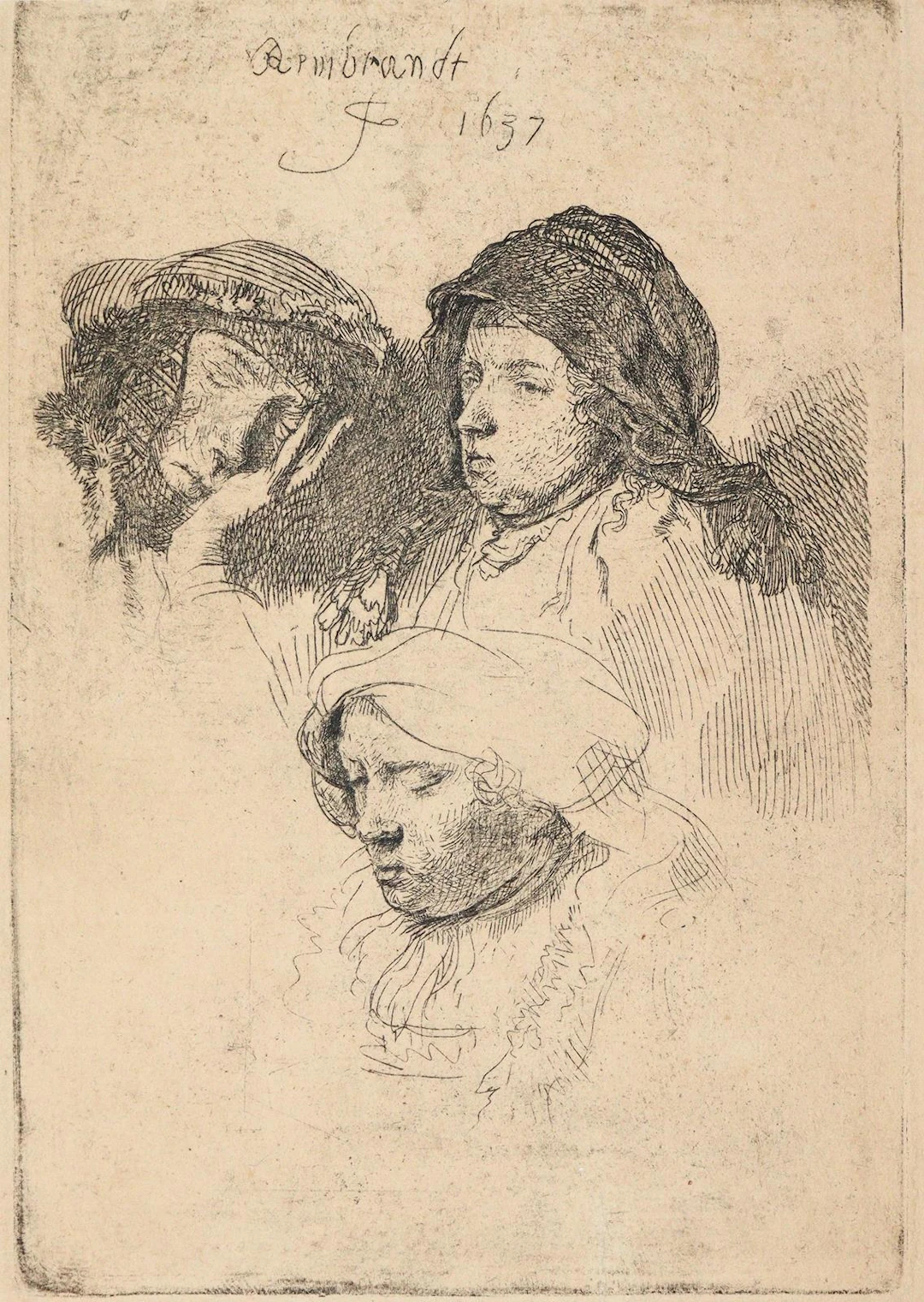 Rembrandt, Harmensz van Rijn (1606 Leiden - 1669 Amsterdam). Drei Frauenköpfe