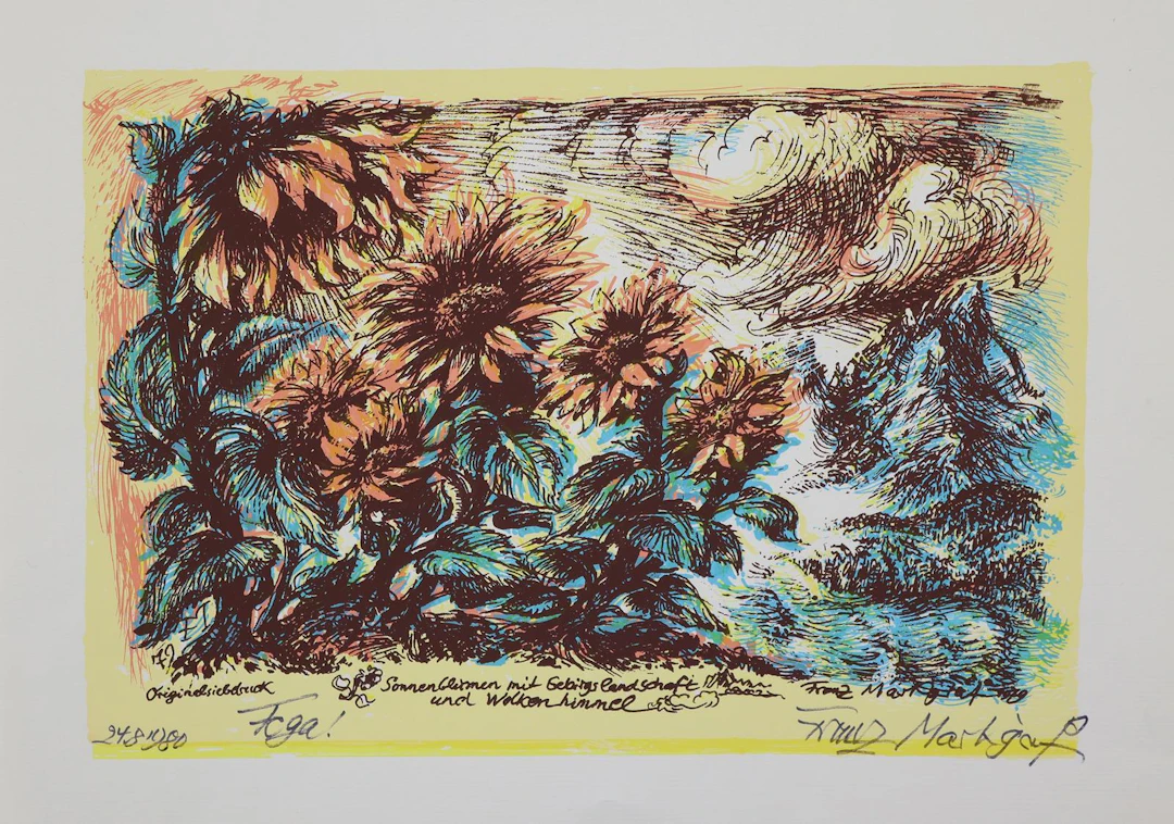 Markgraf, Franz (1894-1987). Sonnenblumen u. Sonnenaufgang. 3 Siebdrucke. Sign.