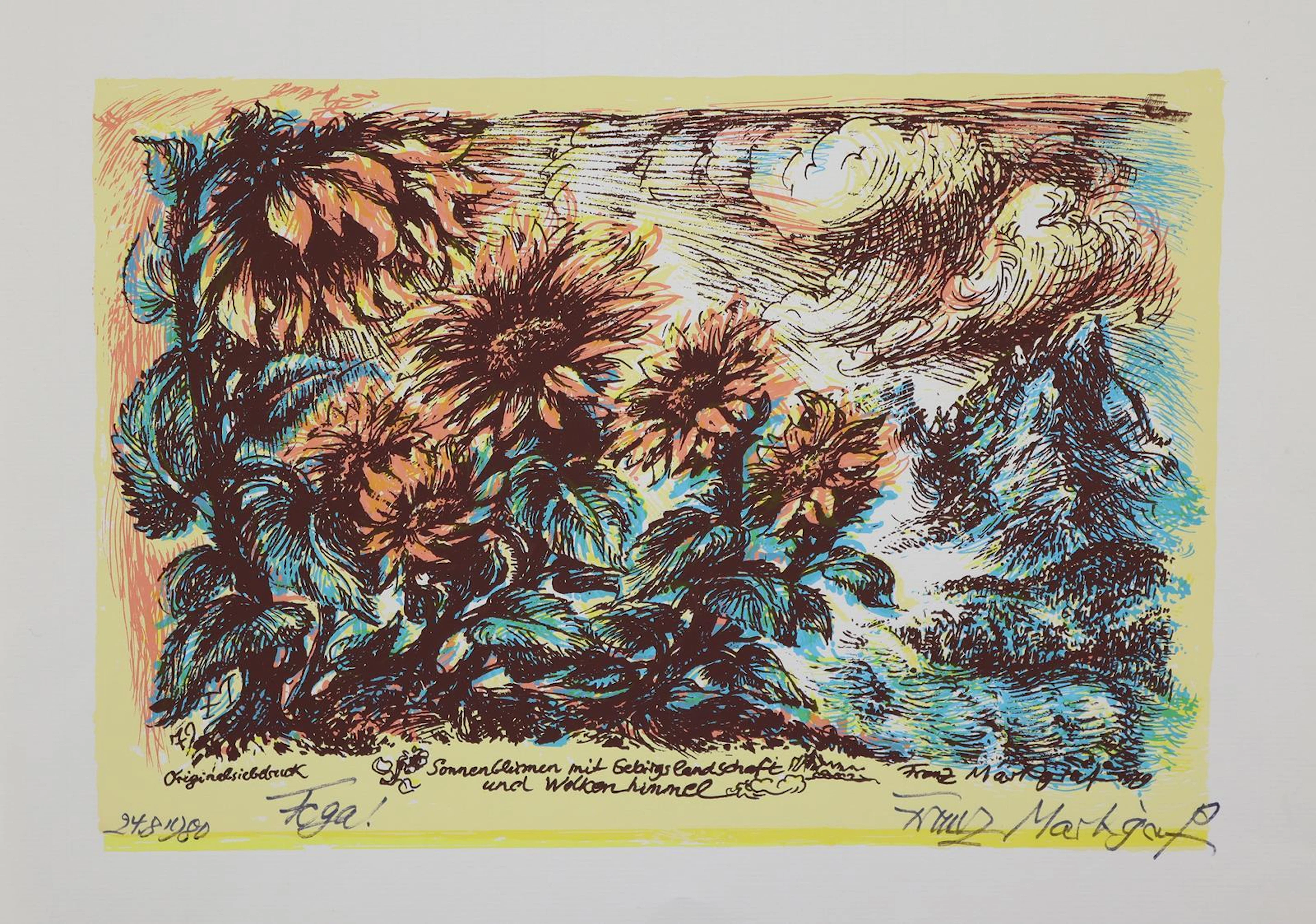 Markgraf, Franz (1894-1987). Sonnenblumen u. Sonnenaufgang. 3 Siebdrucke. Sign.