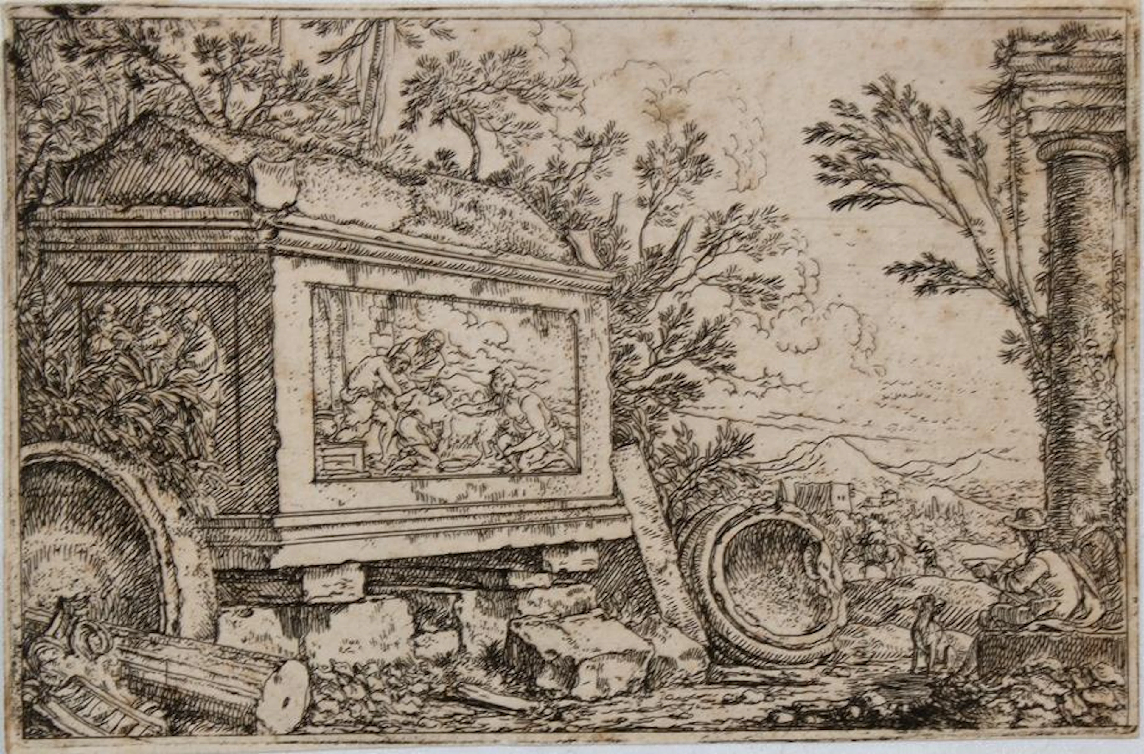 Umbach, Jonas (1624 Augsburg 1693). Zwei Künstler zeichnen einen Sarkophag.