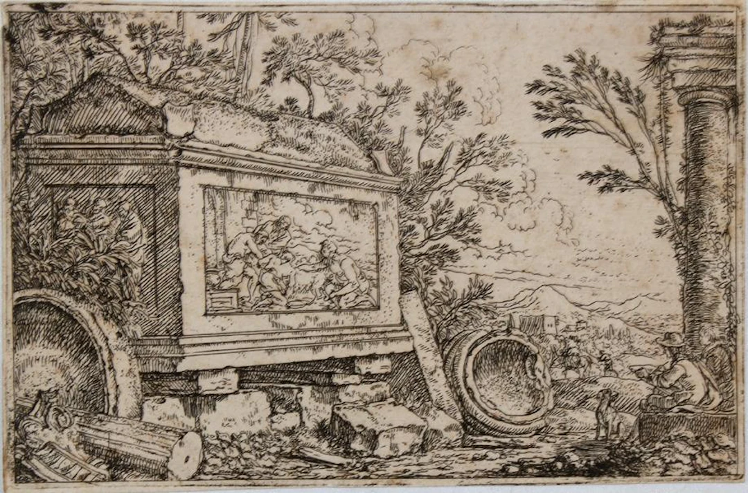 Umbach, Jonas (1624 Augsburg 1693). Zwei Künstler zeichnen einen Sarkophag.