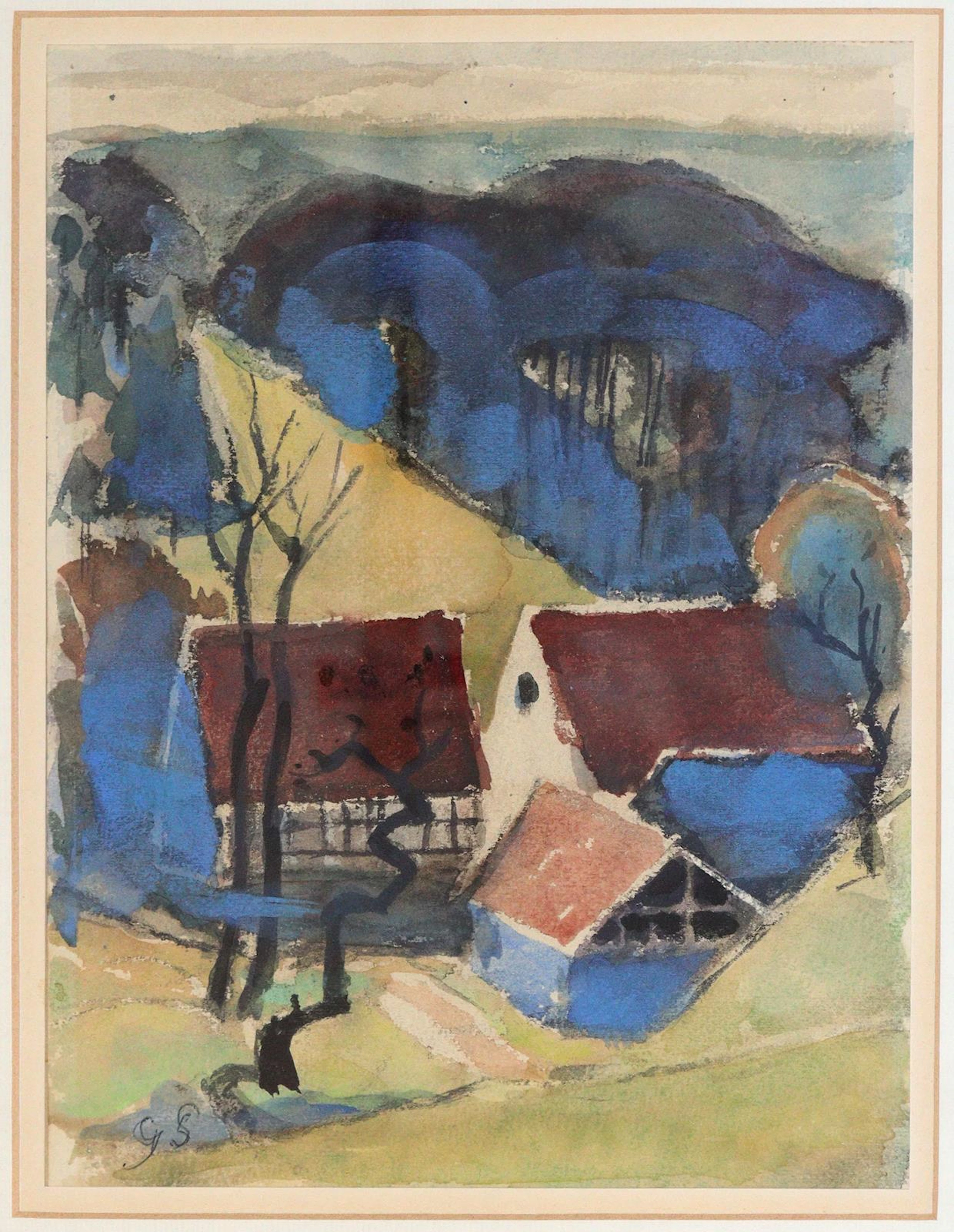 Schleicher, Gustav (1887 Stuttgart 1973). Häuser im Hang. Aquarell