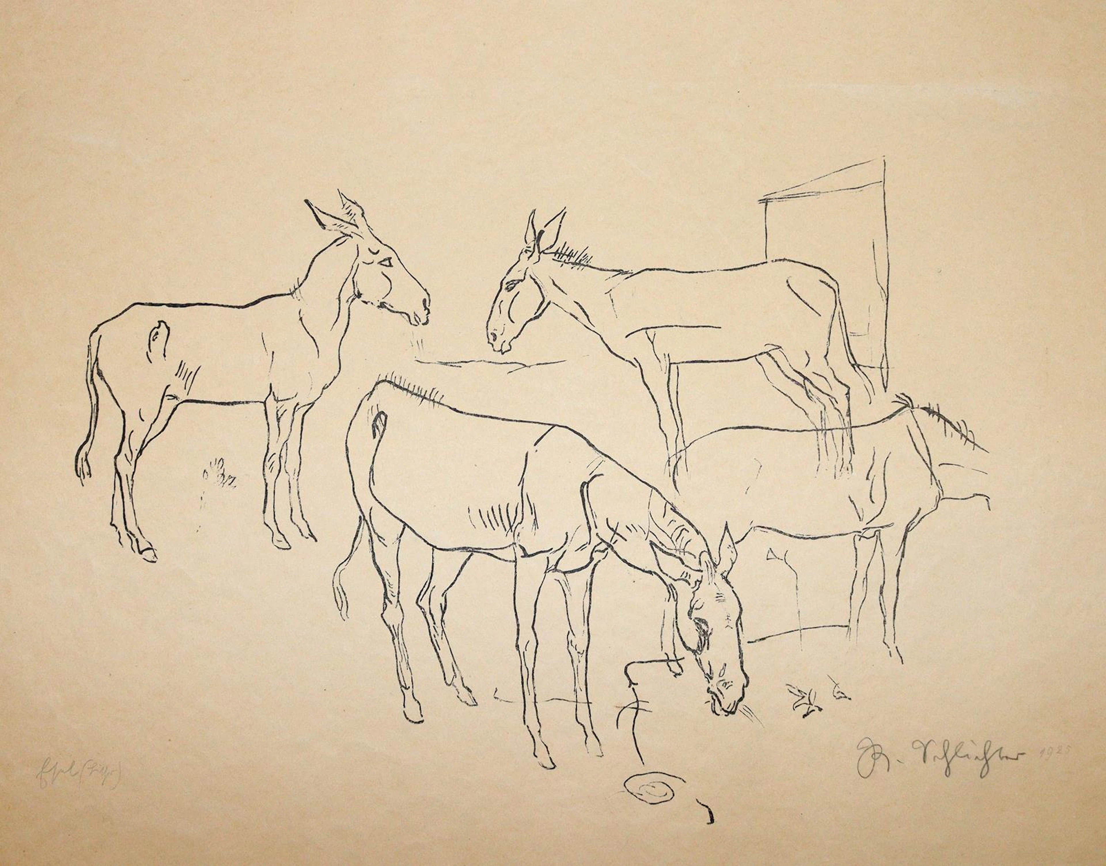 Schlichter, Roudolf (1890 Calw - München 1955). Vier Esel. Lithogr.