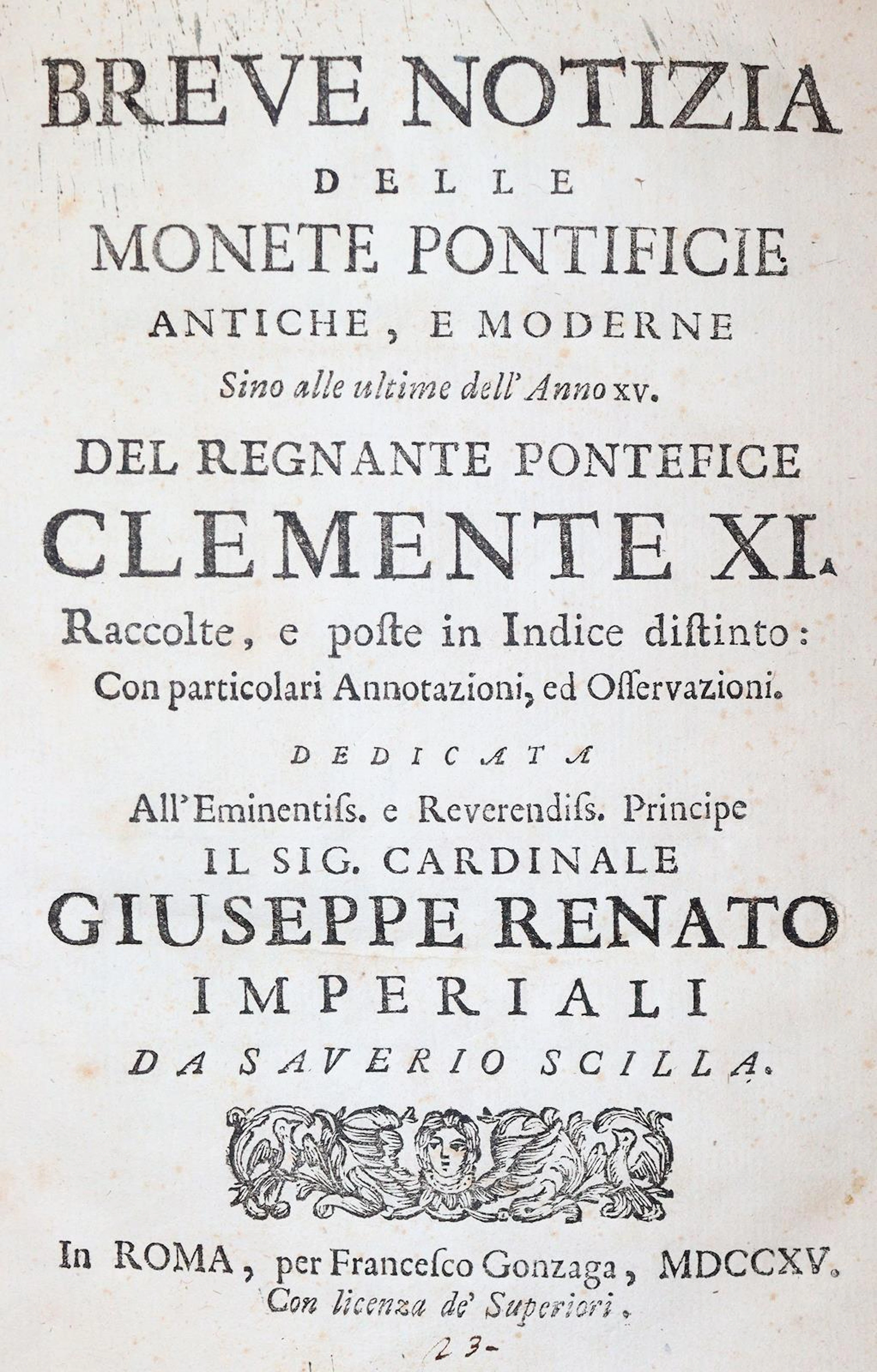 Scilla, Saverio. Breve notizia delle monete ponteficie antiche