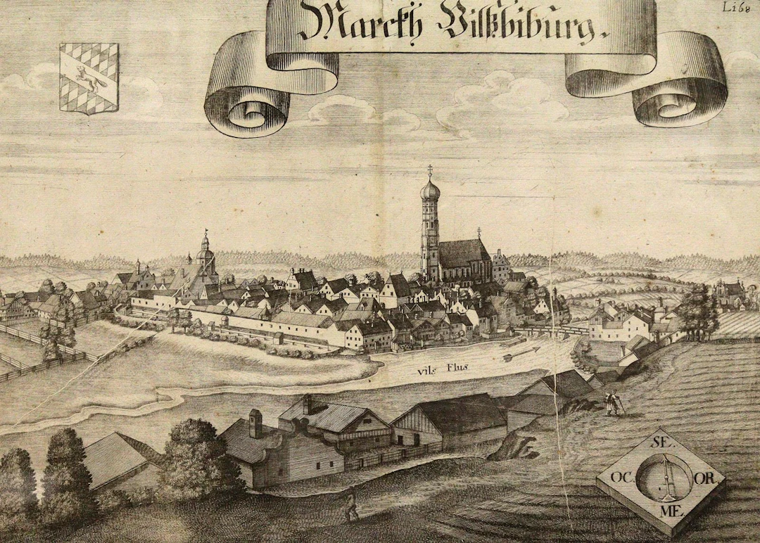 Vilsbiburg. "Marckh Vilßbiburg". Gesamtansicht vom anderen Ufer der