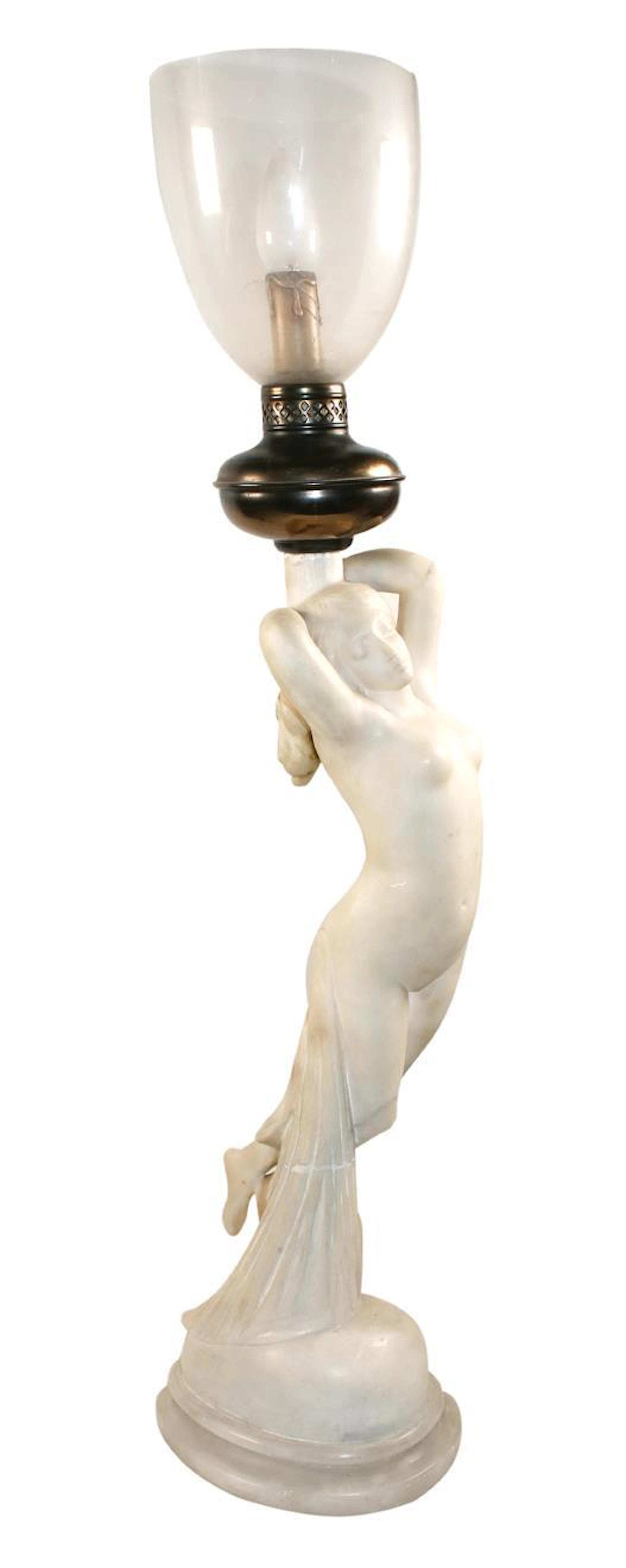 Jugendstil Alabaster-Tischlampe. Großer Frauenakt mit Lampenaufsatz.