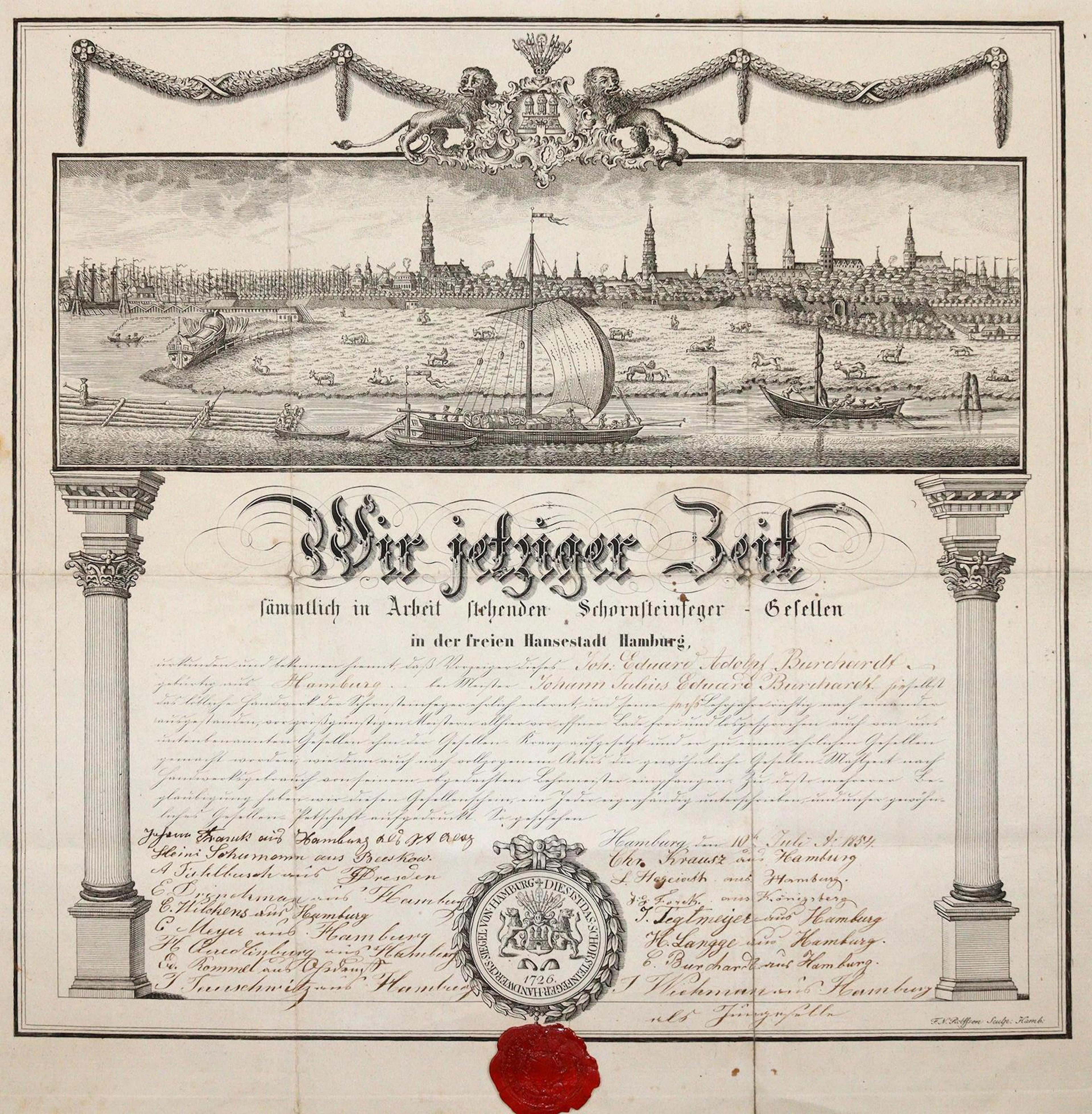 Gesellenbrief für den Schornsteinfeger-Gesellen Johann Eduard Adolph