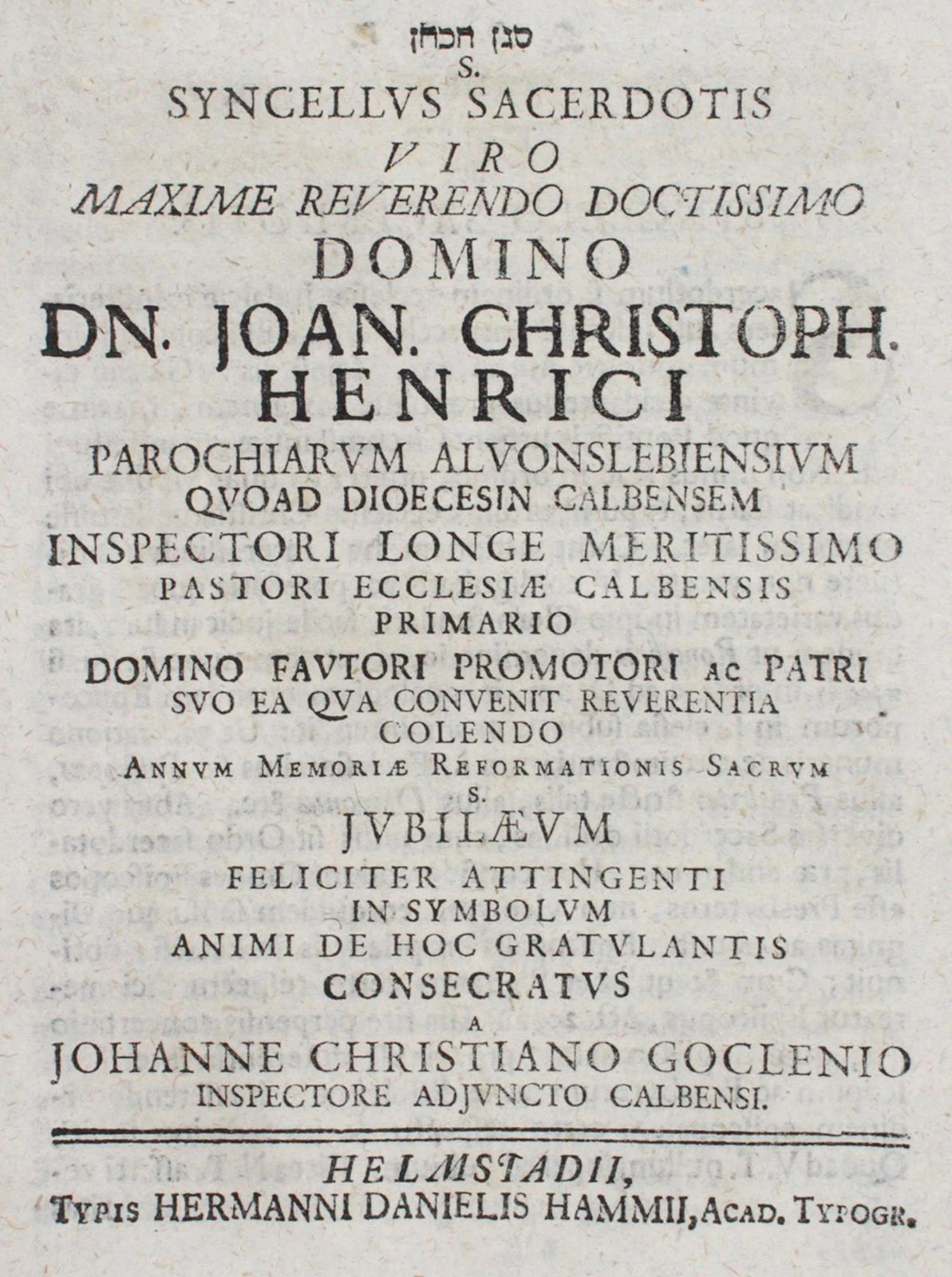 Goclenius,J.C. Syncellus Sacerdotis Viro Maxime Reverendo Doctissimo