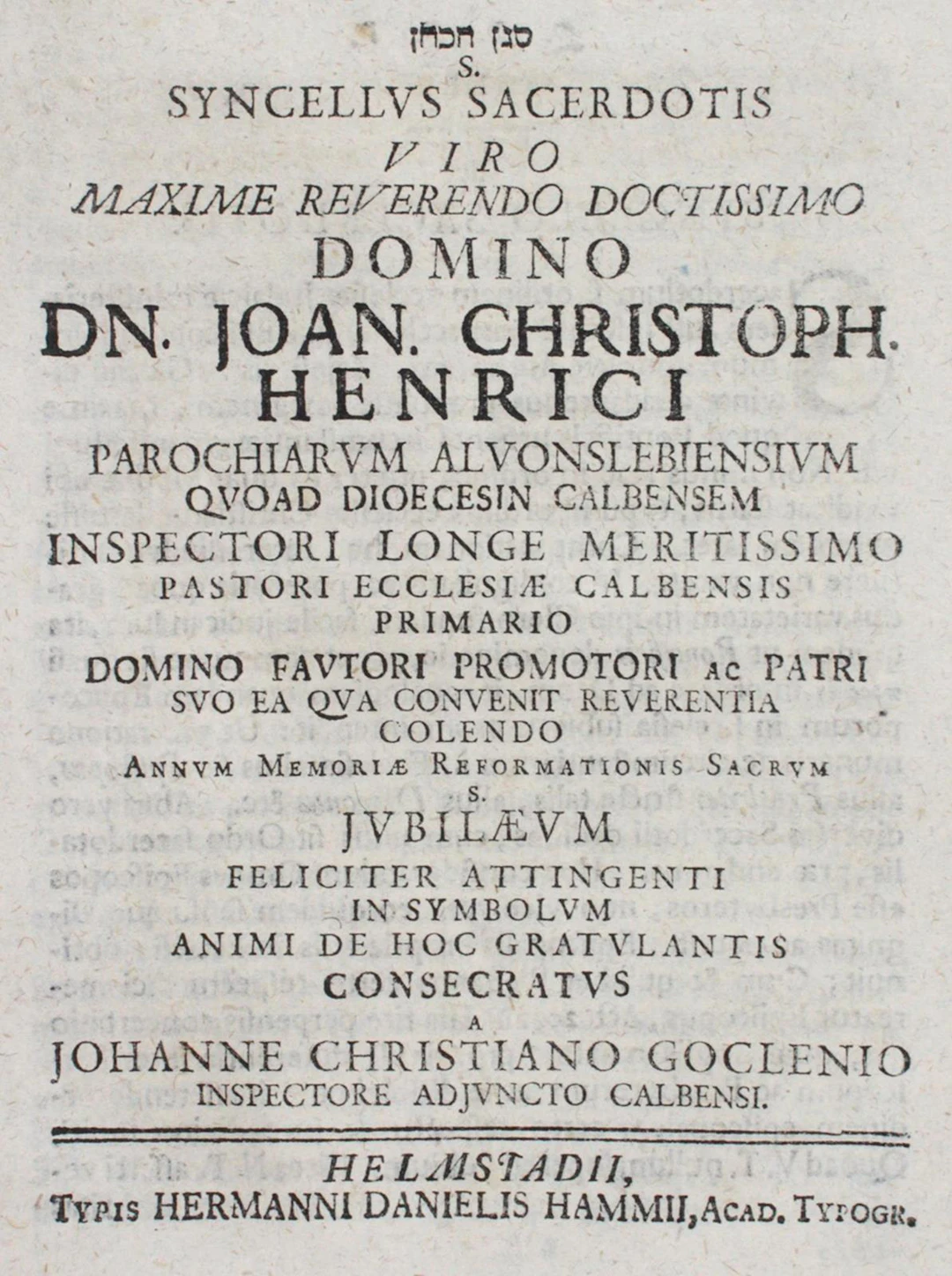Goclenius,J.C. Syncellus Sacerdotis Viro Maxime Reverendo Doctissimo