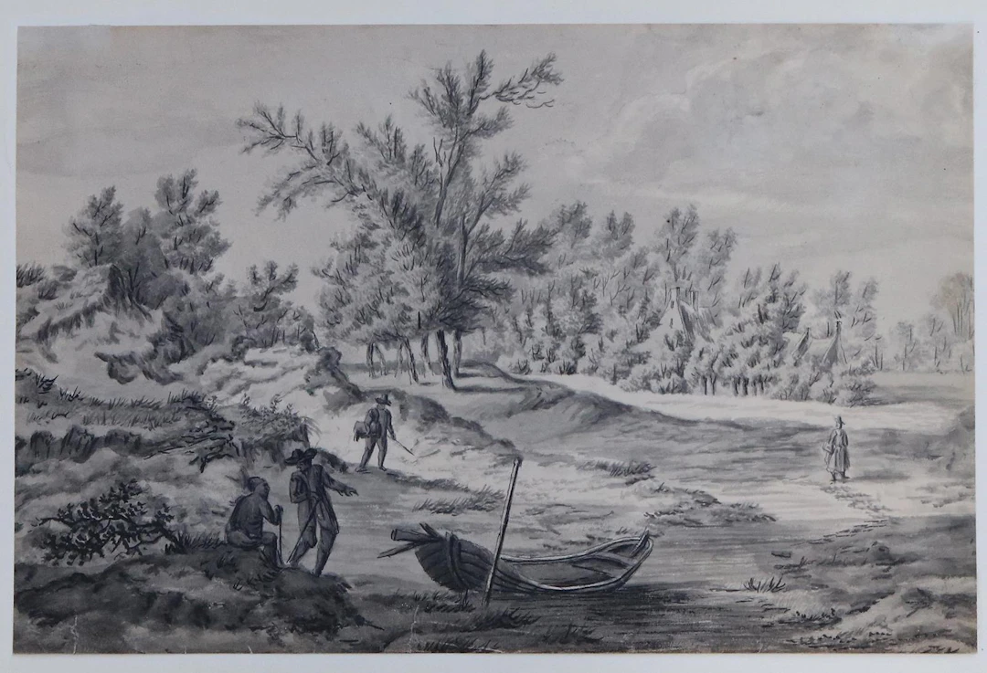 Landschaft mit kl. Holzboot u. Staffagefiguren. Fein u. detailreich
