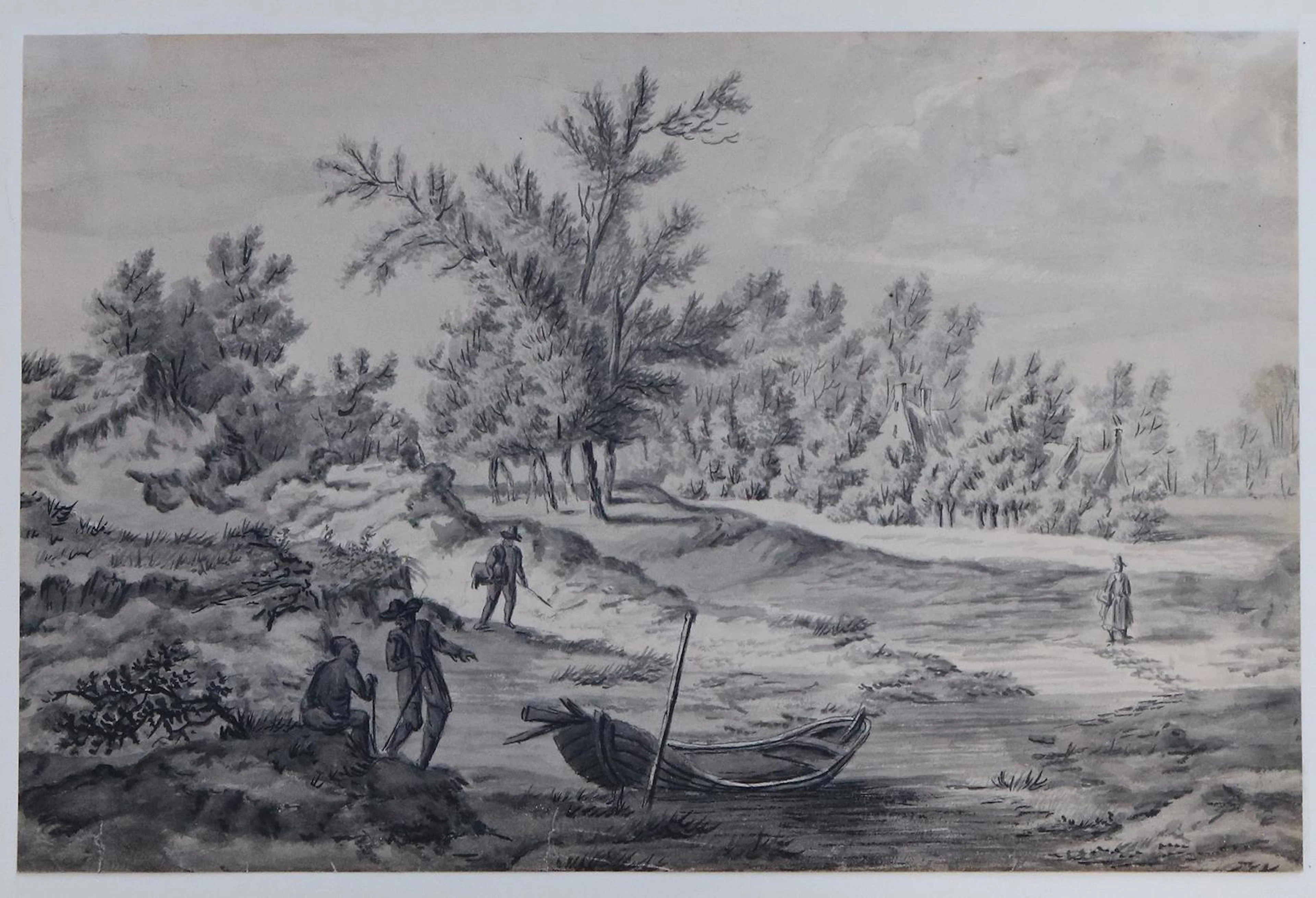 Landschaft mit kl. Holzboot u. Staffagefiguren. Fein u. detailreich