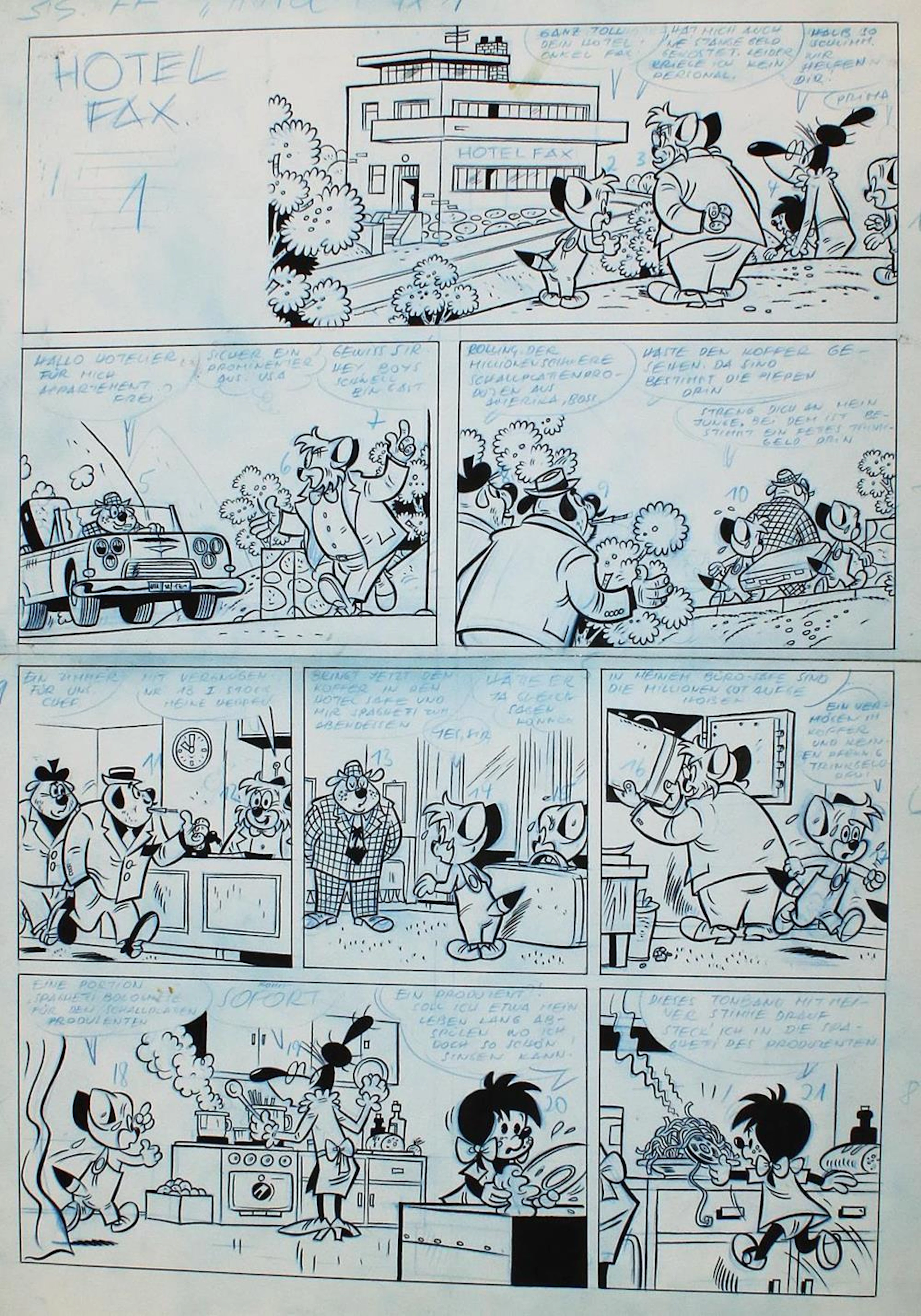 Perego, Giuseppe (1915-1996). Hotel Fax. 8 Kartons mit Originalentwürfen