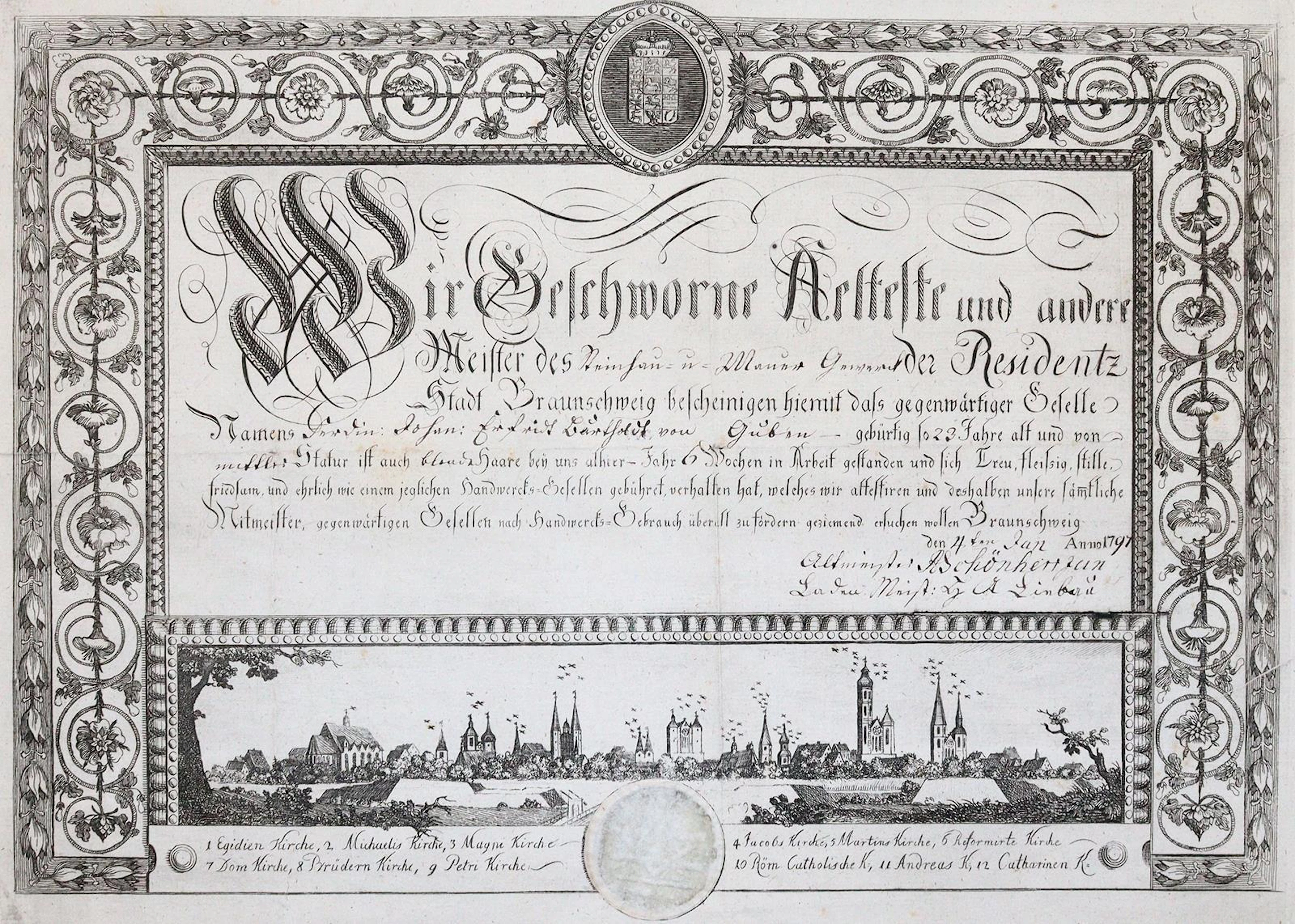 Gesellenbrief für den Steinhau- u. Maurer-Gesellen Ferdinand Johann