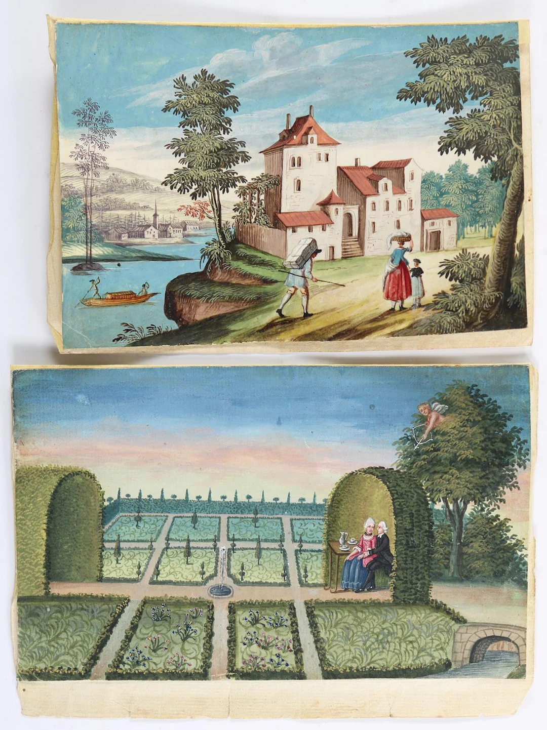 Höfisches Liebespaar mit Amor im Garten. U. Eine kleine Landschaft