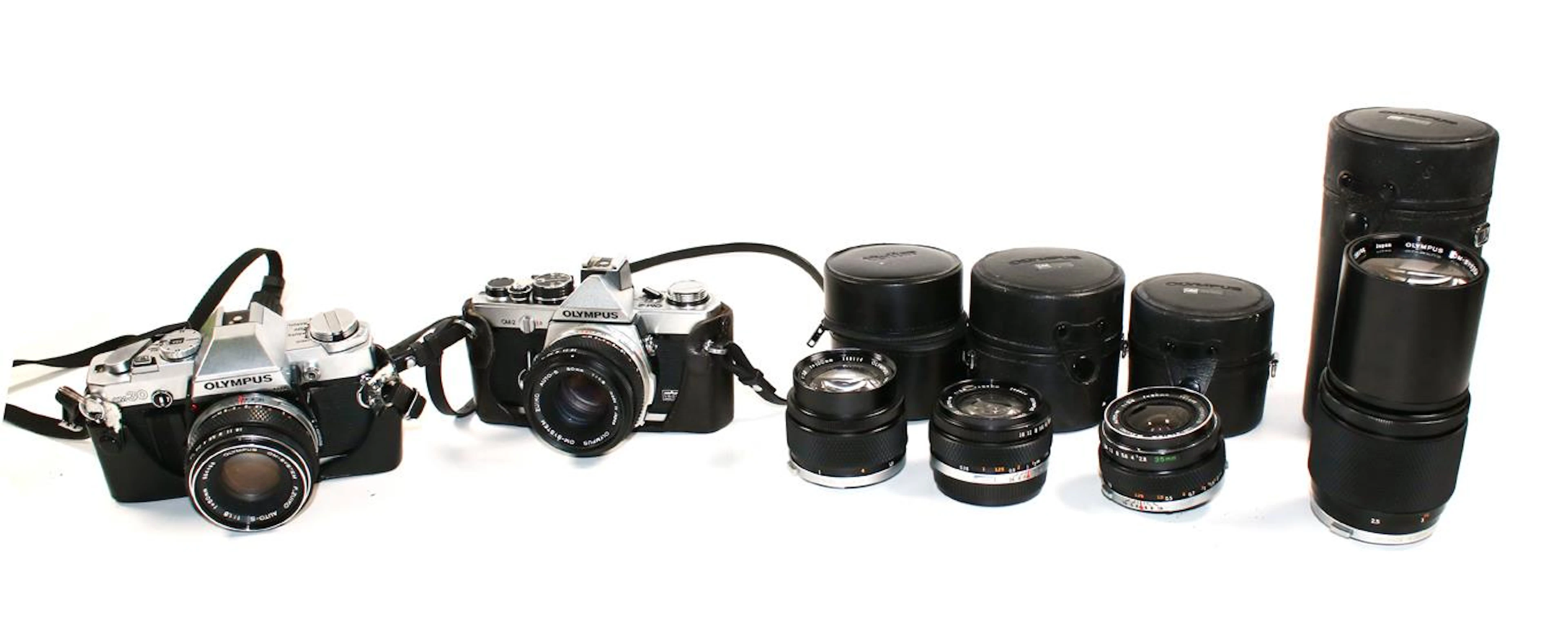 Olympus. Sammlung aus 2 Kameras u. 6 Objektiven: OM-2 u. OM30
