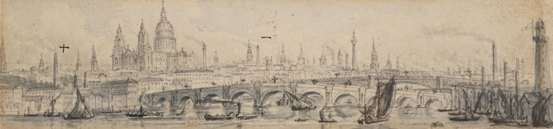 London mit St. Pauls Cathedral. Panorama des 19. Jahrhunderts. Grisaille-Aquarel