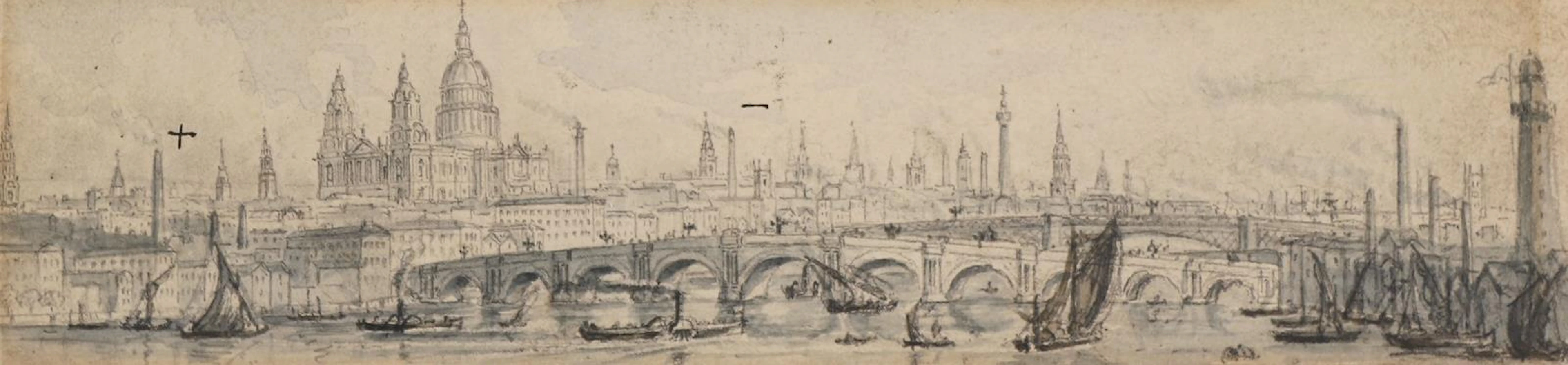 London mit St. Pauls Cathedral. Panorama des 19. Jahrhunderts. Grisaille-Aquarel