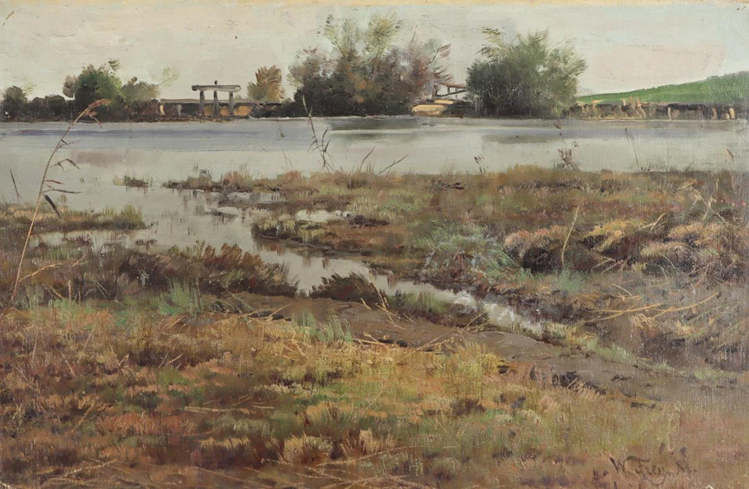 Frey, Wilhelm (1826 Karlsruhe - Mannheim 1911). Wiesenstück am Fluss.