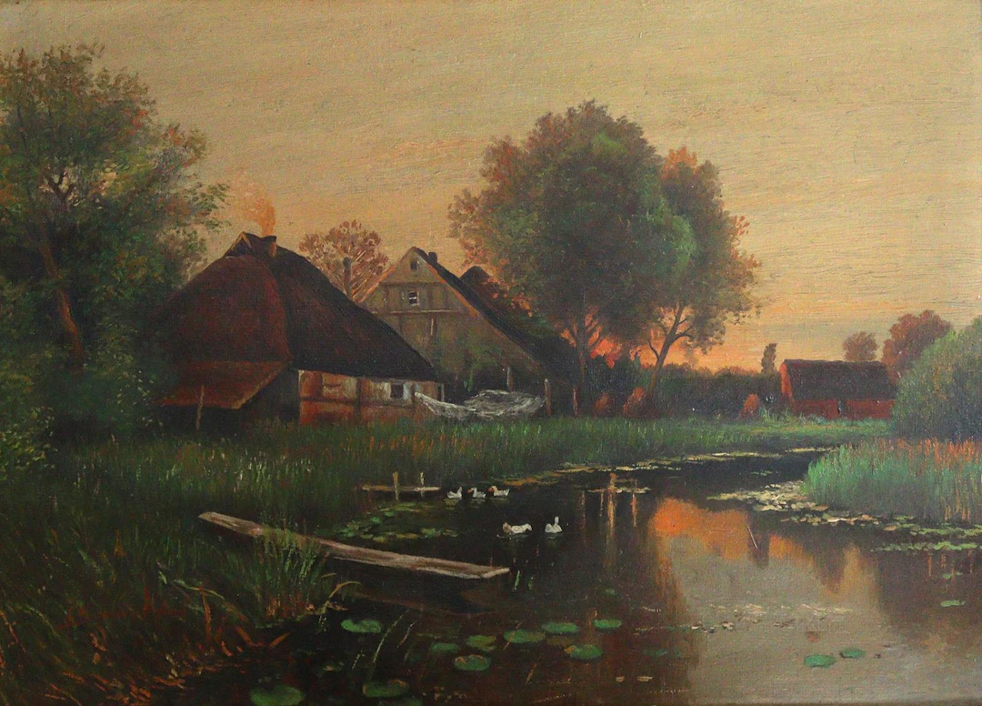 Tannert, Ernst (1866 Dresden - ?). Bauernhäuser am Weiher bei Abendrot.