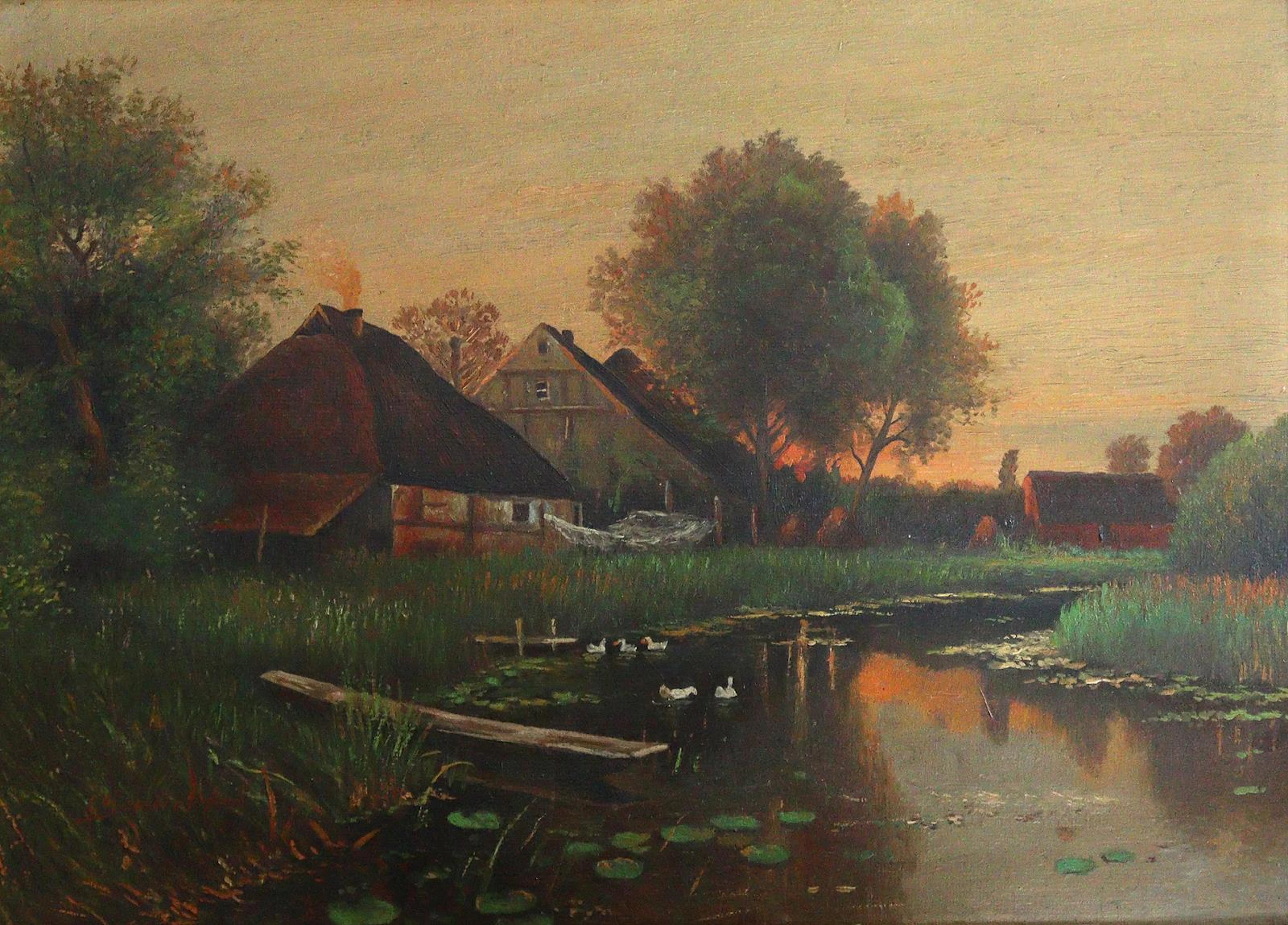 Tannert, Ernst (1866 Dresden - ?). Bauernhäuser am Weiher bei Abendrot.