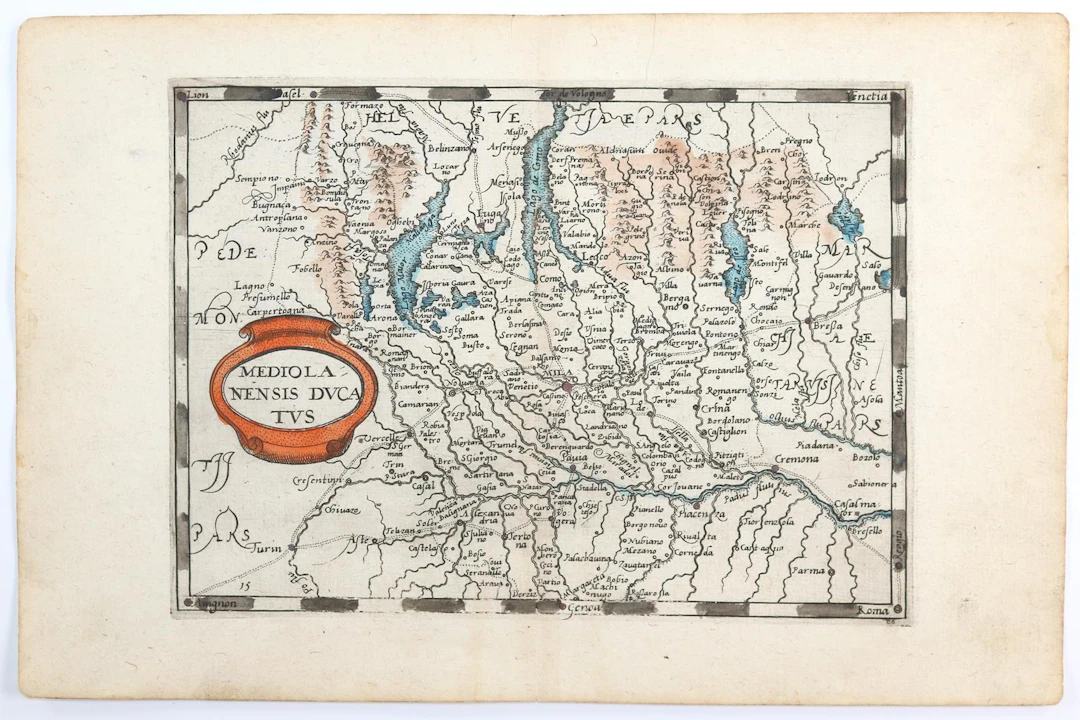 Mailand. Teilkolor. Kupferstichkarte aus "Itinerarium Orbis Christiani".